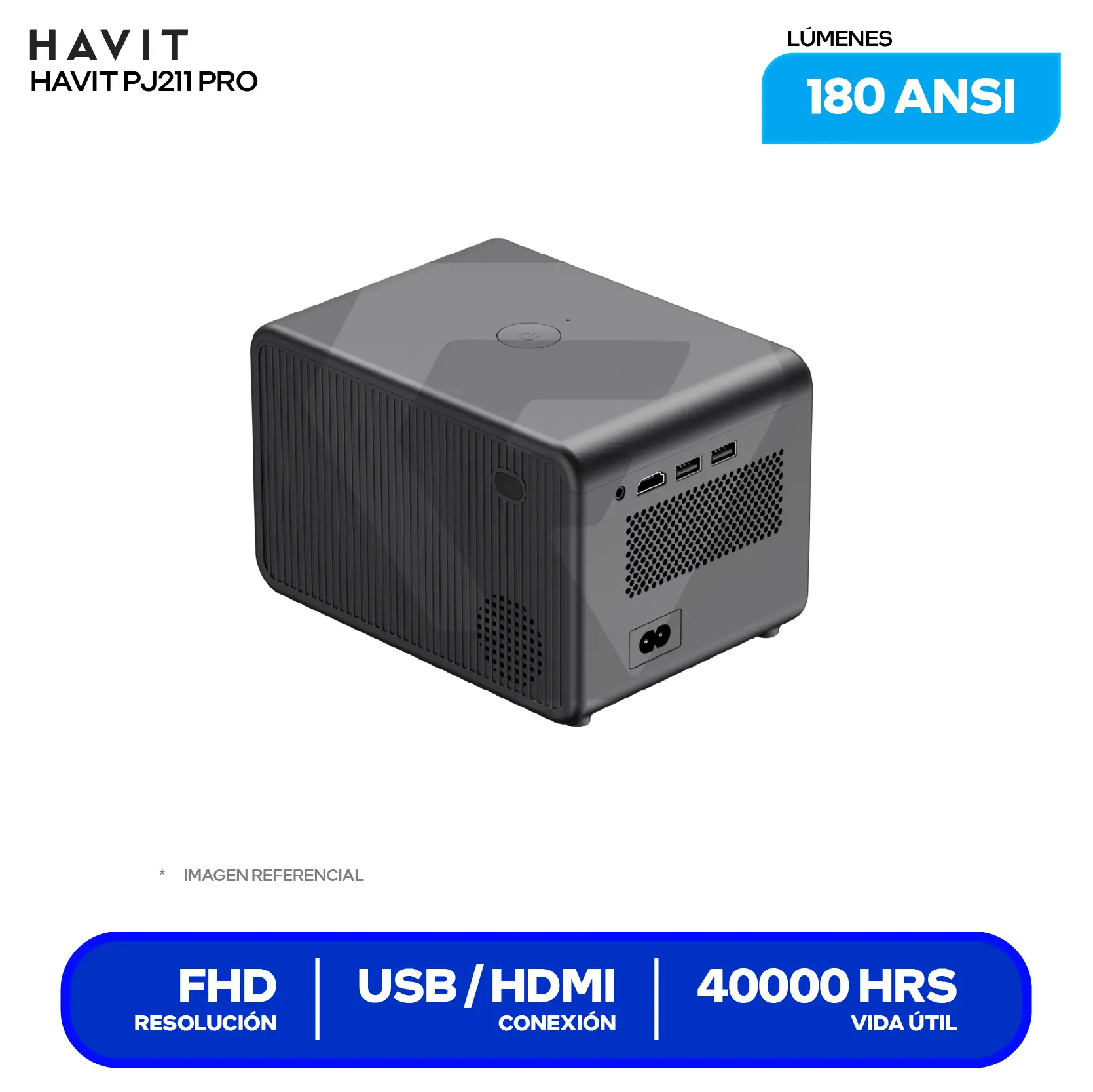 Proyector Havit PJ211 Pro Smart (HVPJ PJ211 PRO US BK), 180 ANSI Lúmenes, Resolución 4K, Android TV 9.0