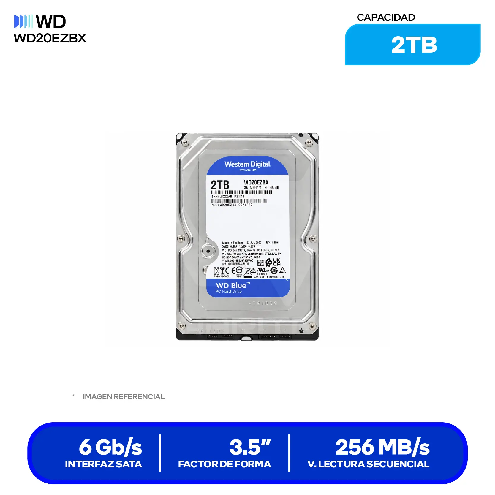 Disco Duro Externo Western Digital Blue 2TB (WD20EZBX) SATA 6, 3.5"