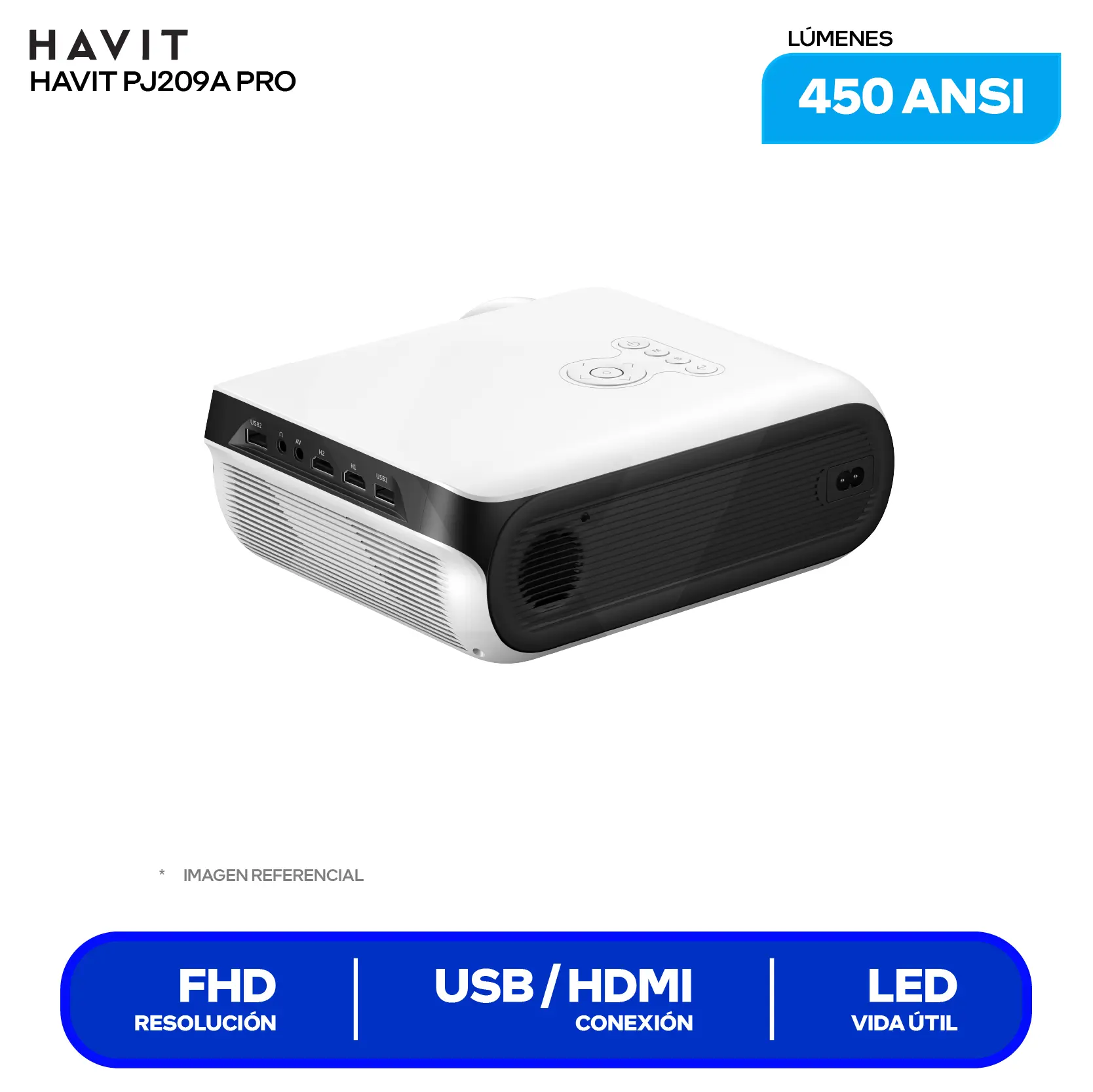 Proyector Havit PJ209A Pro Smart (HVPJ-PJ209A PRO-US-WH) 8,500 Lúmenes / 450 ANSI, Resolución 4K, Android TV 9.0
