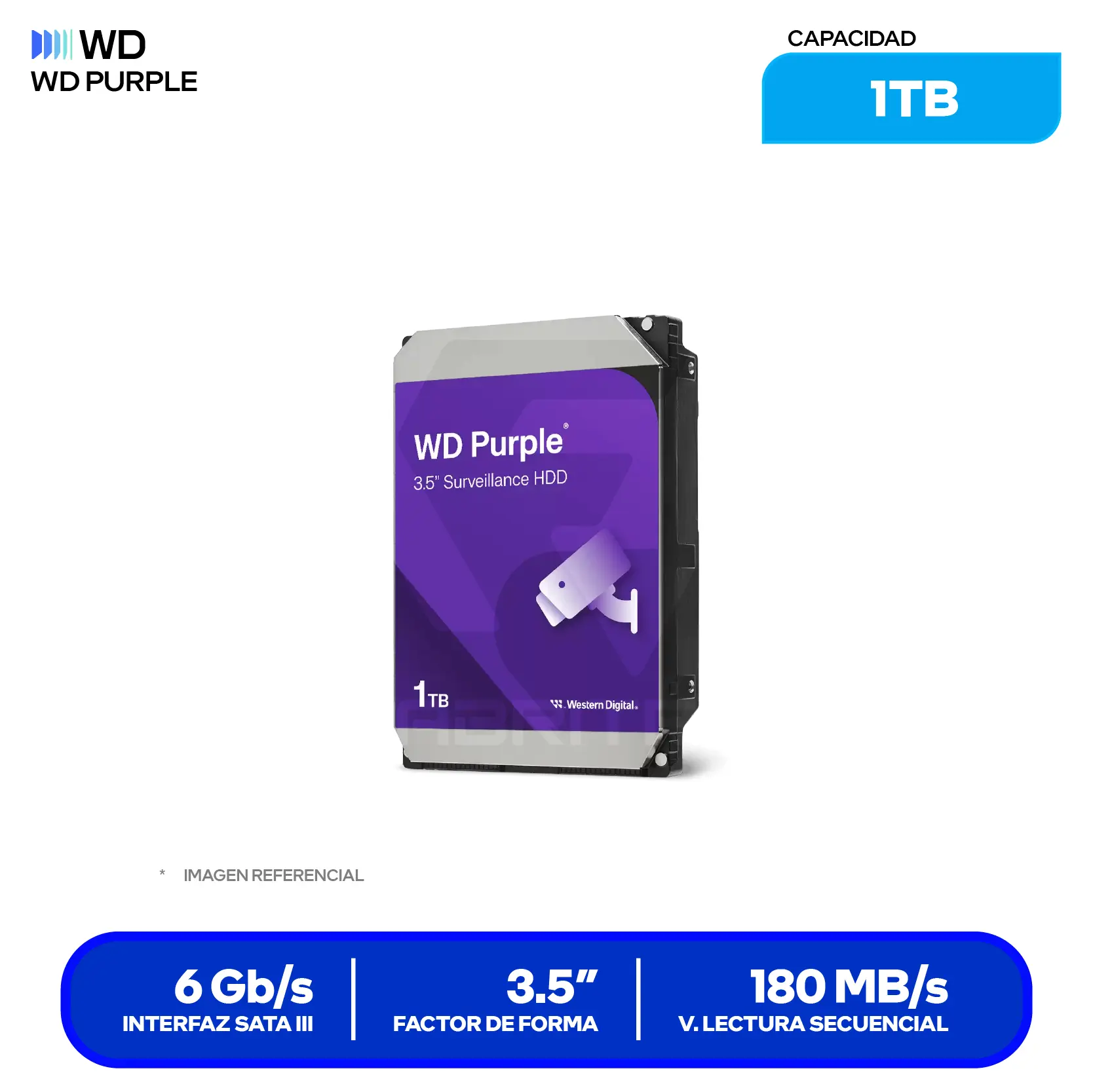 Disco Duro Western Digital Purpura 1TB (WD11PURZ) 3.5" SATA, 5400 RPM, 64MB