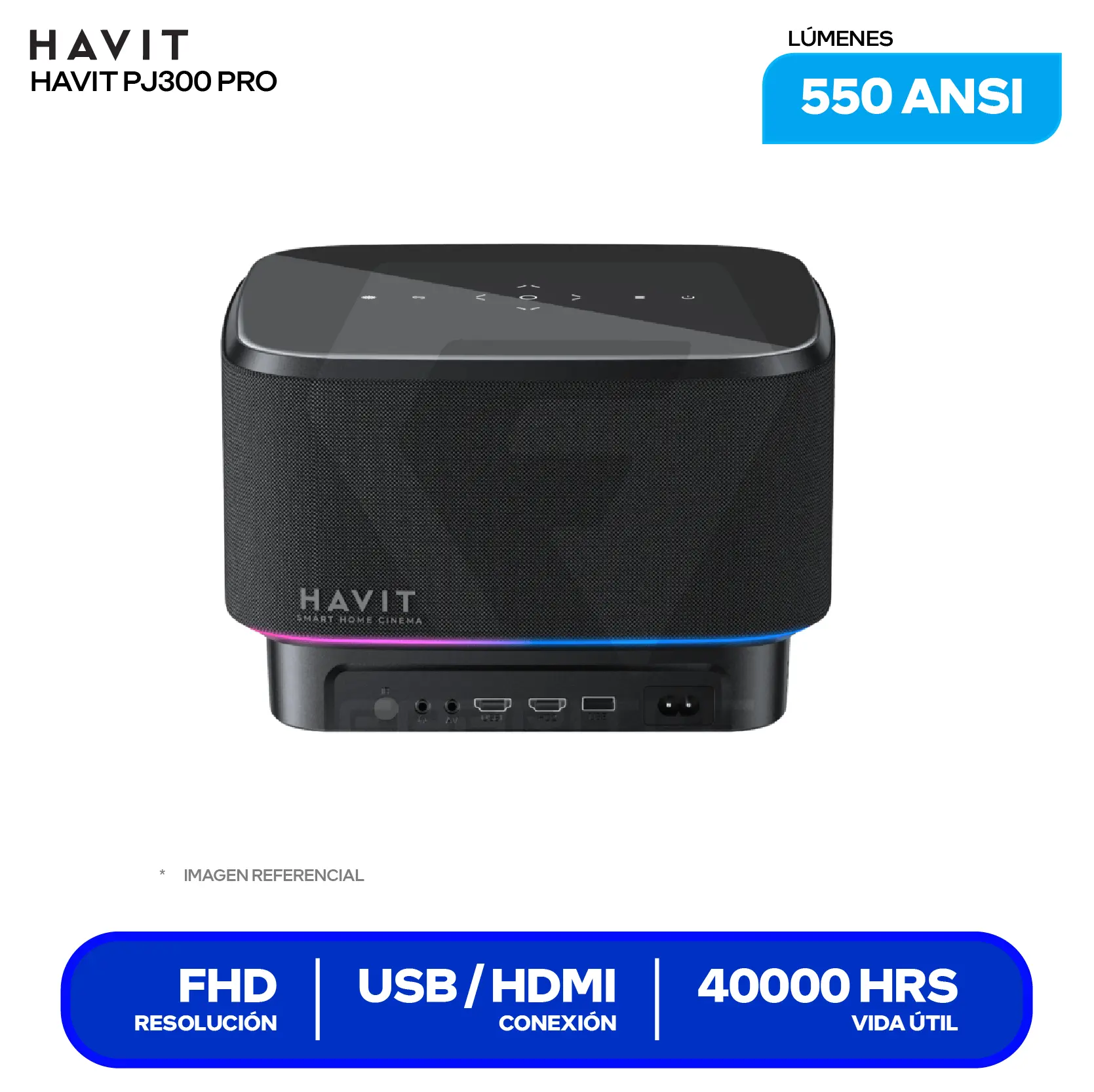 Proyector Havit PJ300 Pro Smart (HVPJ-PJ300PRO-US-BK)14,000 Lúmenes / 550 ANSI, Resolución 4K, Android TV 9.0