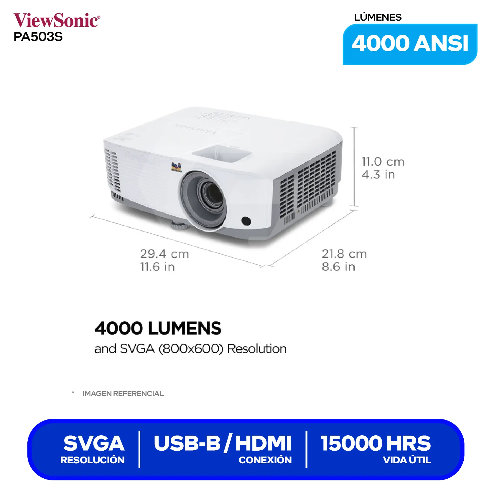 Proyector ViewSonic PA503S (PA503S), 4000 ANSI Lúmenes, Resolución SVGA, Tecnología DLP SuperColor