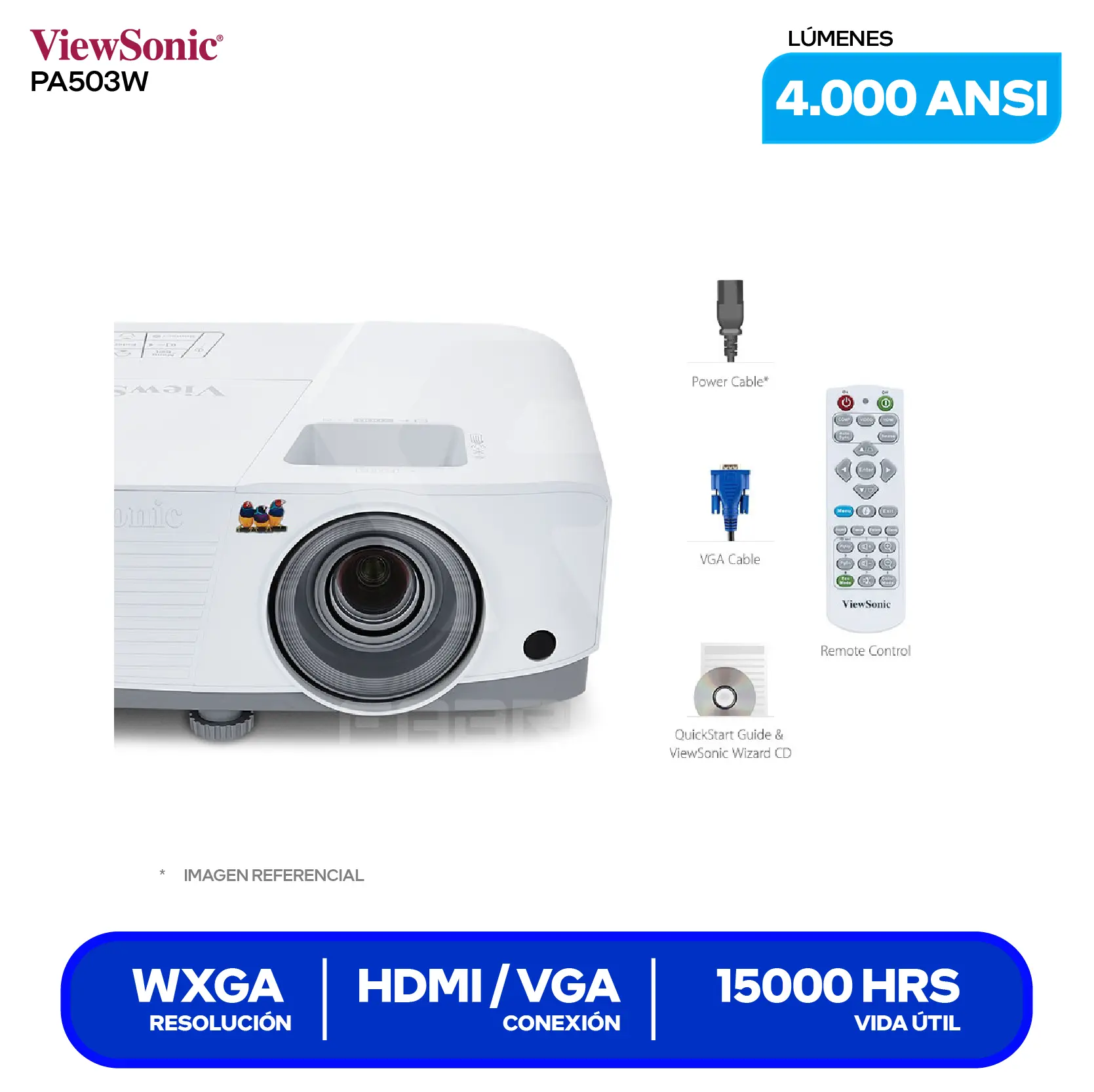 Proyector ViewSonic PA503W (PA503W), 4000 ANSI Lúmenes, Resolución WXGA, Tecnología DLP SuperColor