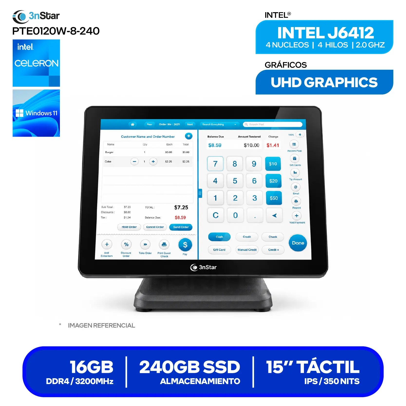 AIO POS 3nstar (PTE0120W-8-240 W11) Intel J6412, 8GB RAM, 240GB SSD, 15" Táctil