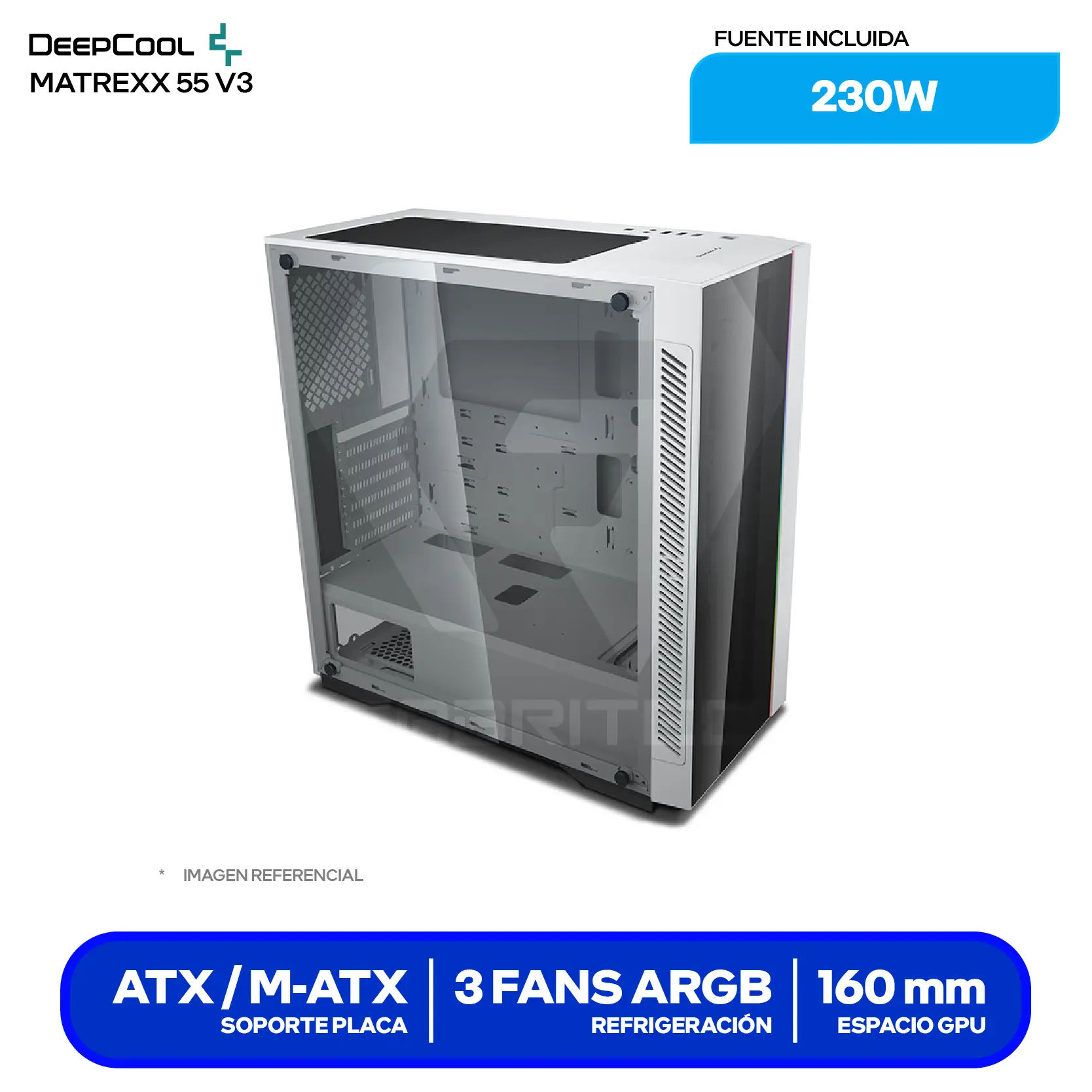 Case Gamer DeepCool Matrexx 55 V3 White (DP-ATX-MATREXX55V3-AR-WH-3F) Sin Fuente, Vidrio Templado, 3 Fans ARGB