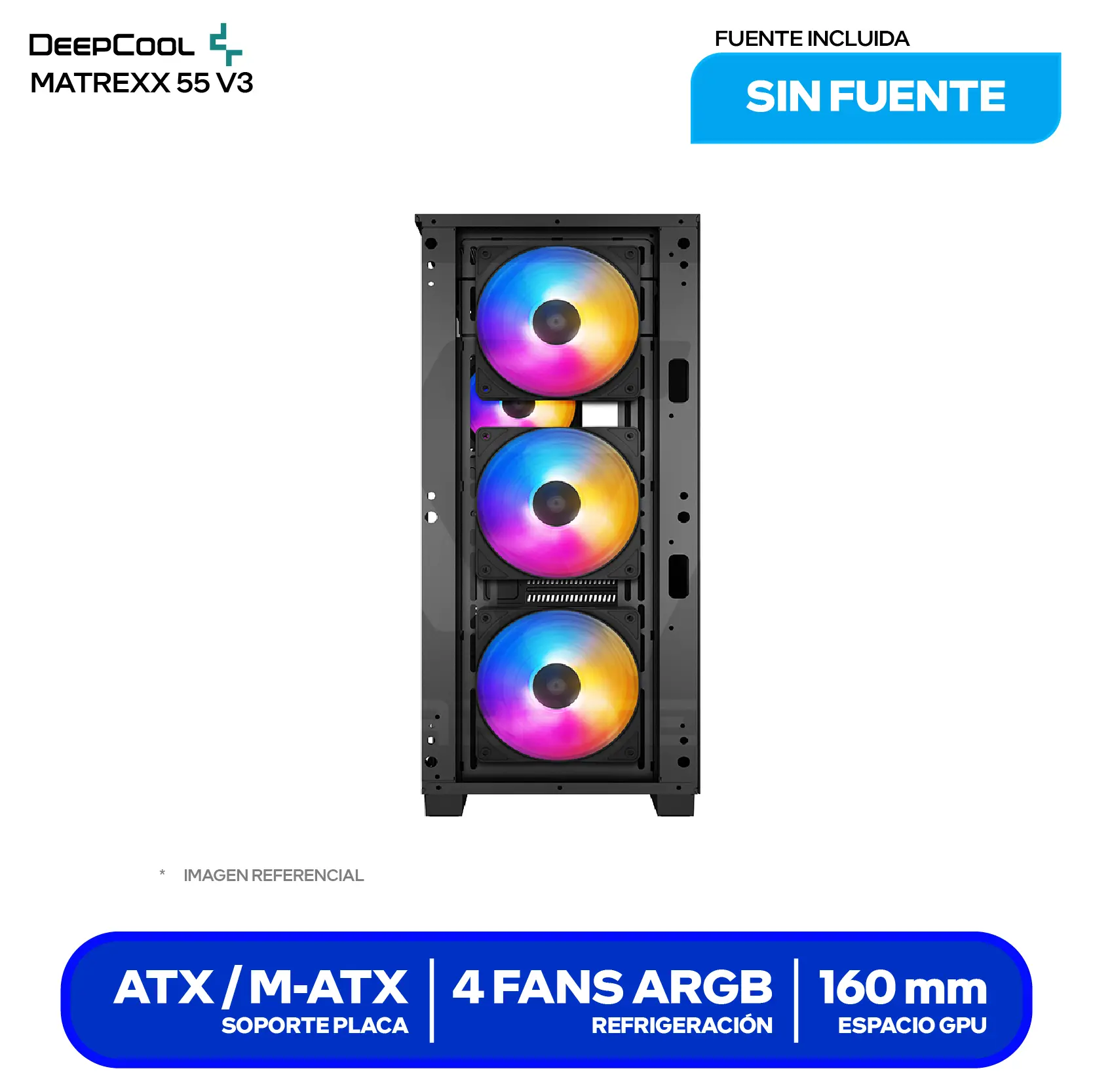 Case Gamer DeepCool Matrexx 50 Mesh 4FS Black (DP-ATX-MATREXX50-MESH-4FS) Sin Fuente, Vidrio Templado, 4 Fans LED
