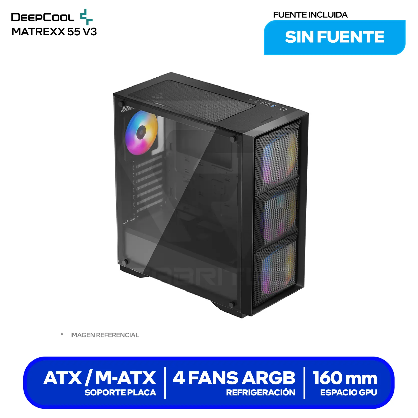 Case Gamer DeepCool Matrexx 50 Mesh 4FS Black (DP-ATX-MATREXX50-MESH-4FS) Sin Fuente, Vidrio Templado, 4 Fans LED