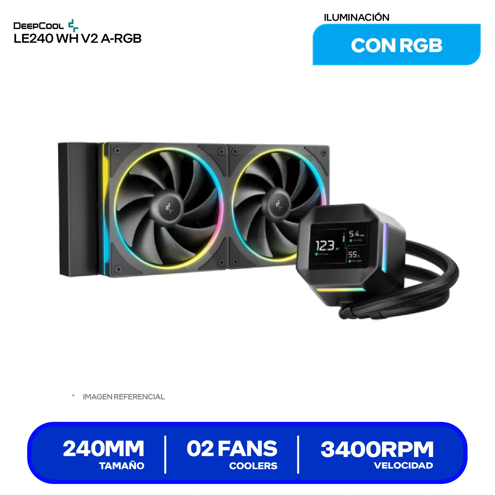 Enfriamiento Líquido DeepCool LM240 Black 240mm (R-LM240-BKDMMC-1) 240mm, A-RGB, Con pantalla LCD de 2.4"