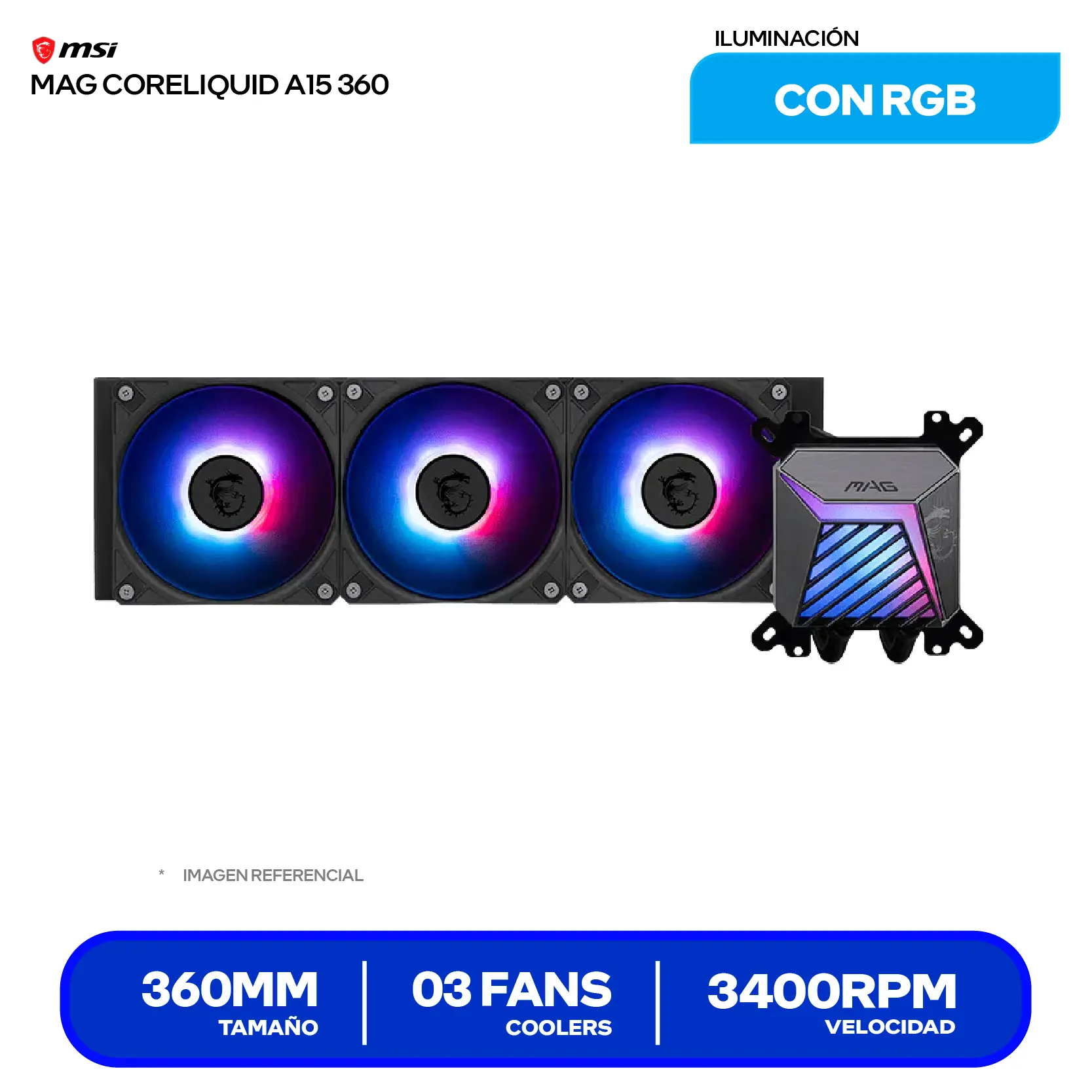 Enfriamiento Líquido MSI MAG CoreLiquid A15 360 (MAG CORELIQUID A15 360) 360mm, ARGB