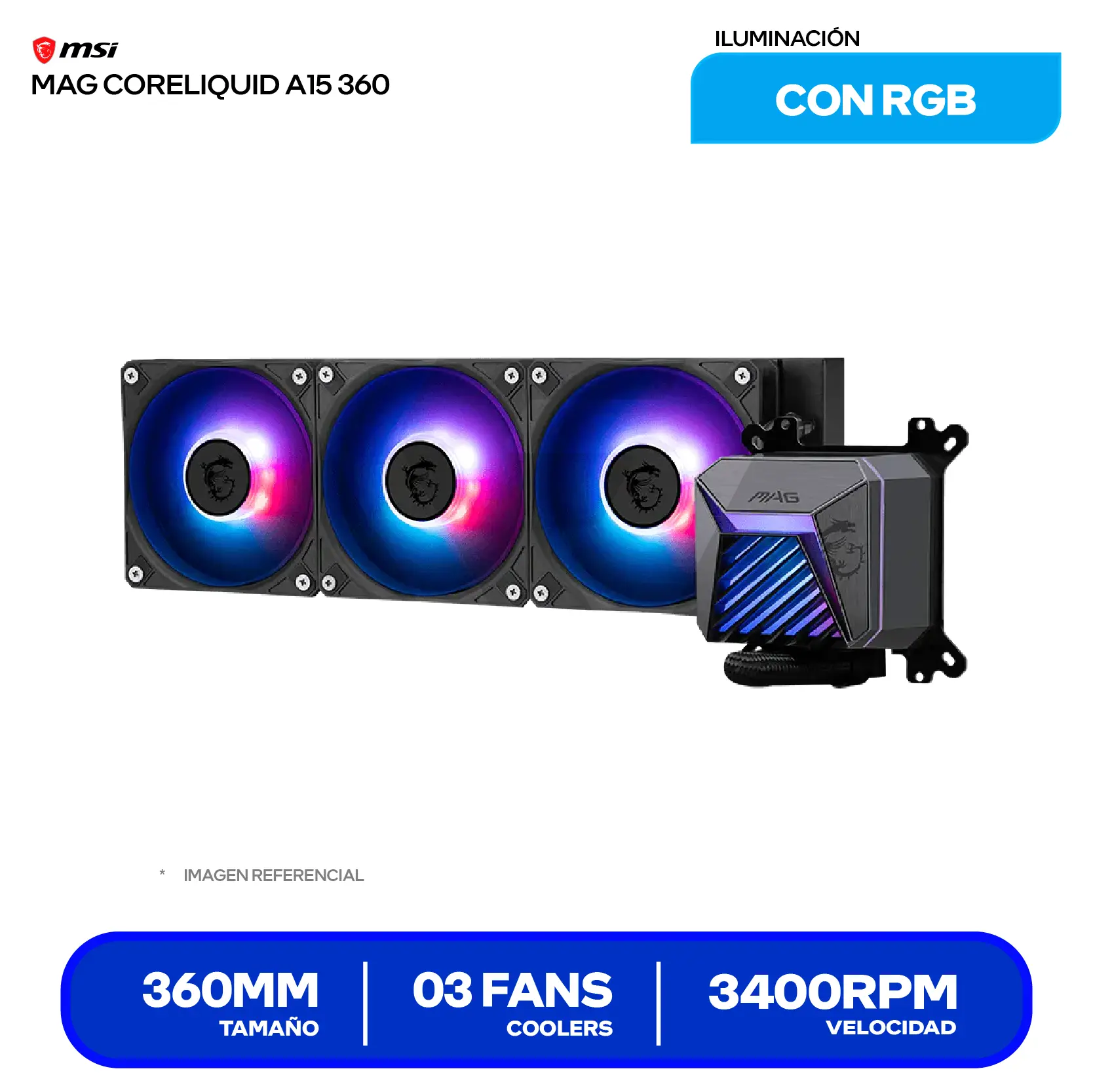 Enfriamiento Líquido MSI MAG CoreLiquid A15 360 (MAG CORELIQUID A15 360) 360mm, ARGB