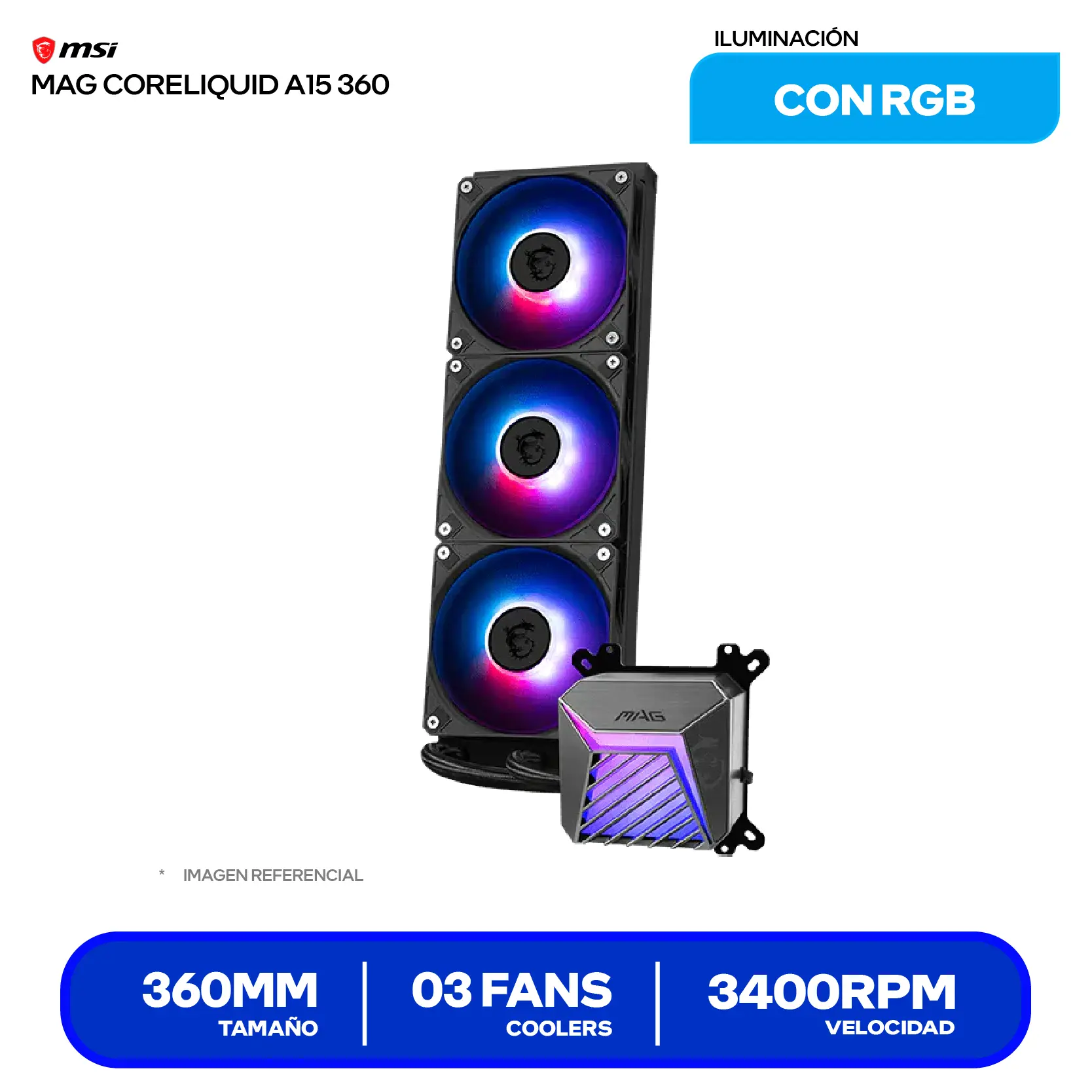 Enfriamiento Líquido MSI MAG CoreLiquid A15 360 (MAG CORELIQUID A15 360) 360mm, ARGB