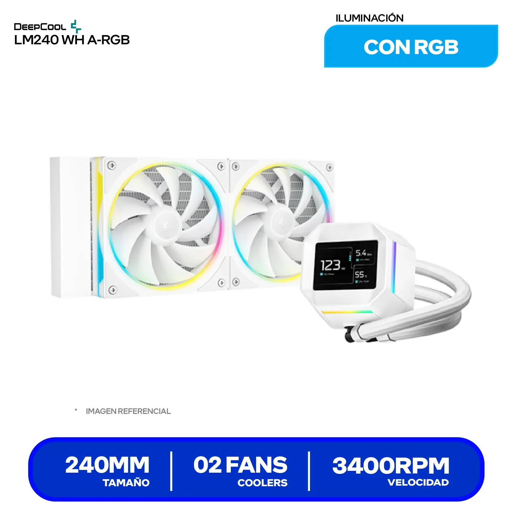 Enfriamiento Líquido DeepCool LM240 WH White (R-LM240-WHDMMC-1) 240mm, A-RGB, Con Pantalla LCD de 2.4"