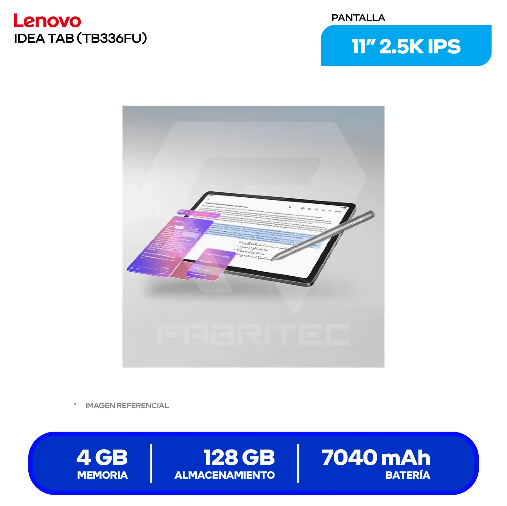 Tablet Lenovo Idea Tab TB336FU (ZAFR0908PE) 4GB RAM, 128GB, 11'' 2.5K IPS, Incluye Lápiz y Case