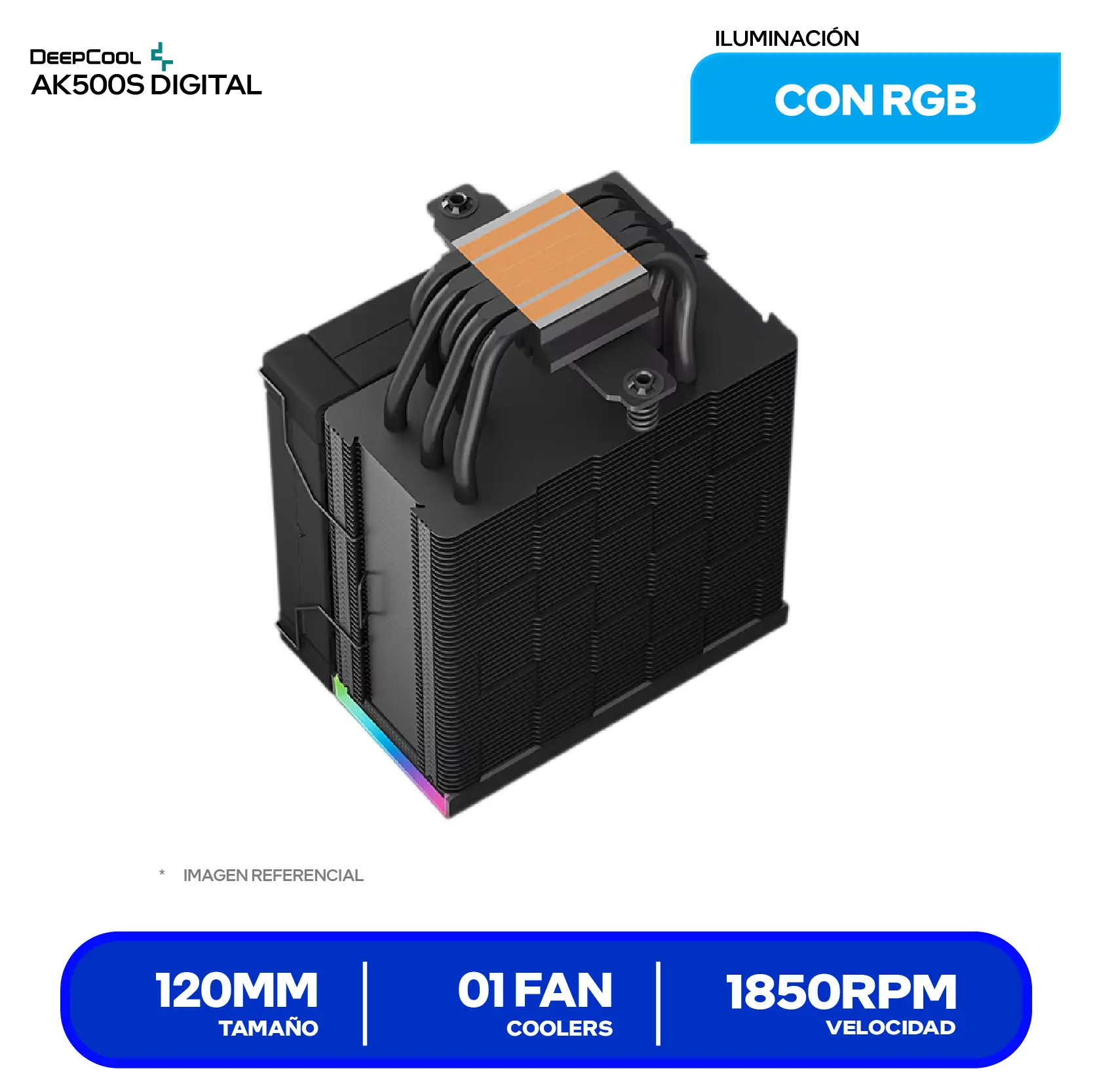 Cooler de procesador DeepCool AK500S Digital (R-AK500S-BKADMN-G) 120mm, Intel / AMD, ARGB