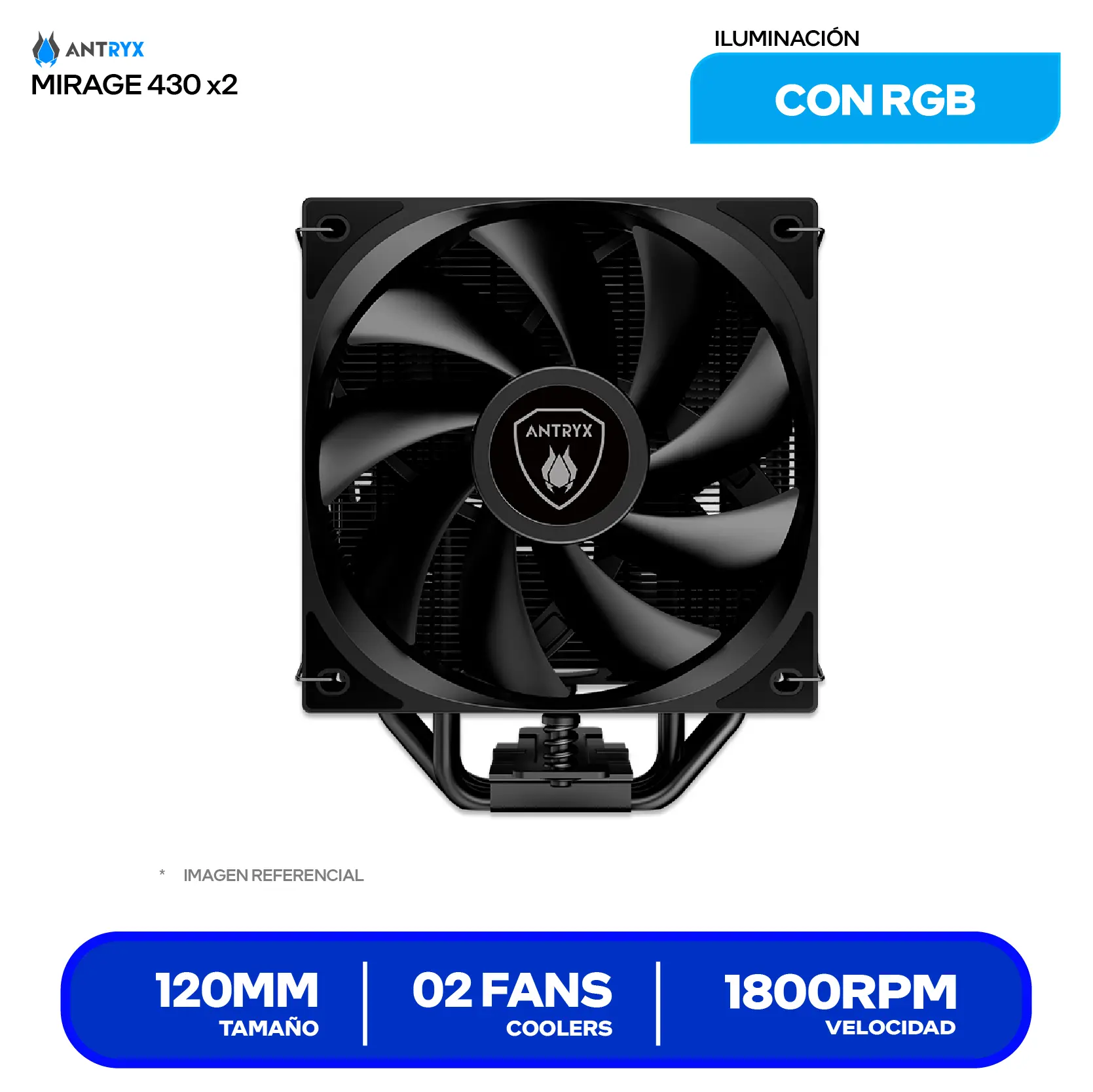 Cooler de procesador Antryx Mirage 430 X2 Black (ACC-430X2) 120mm, Intel / AMD, Doble Ventilador PWM