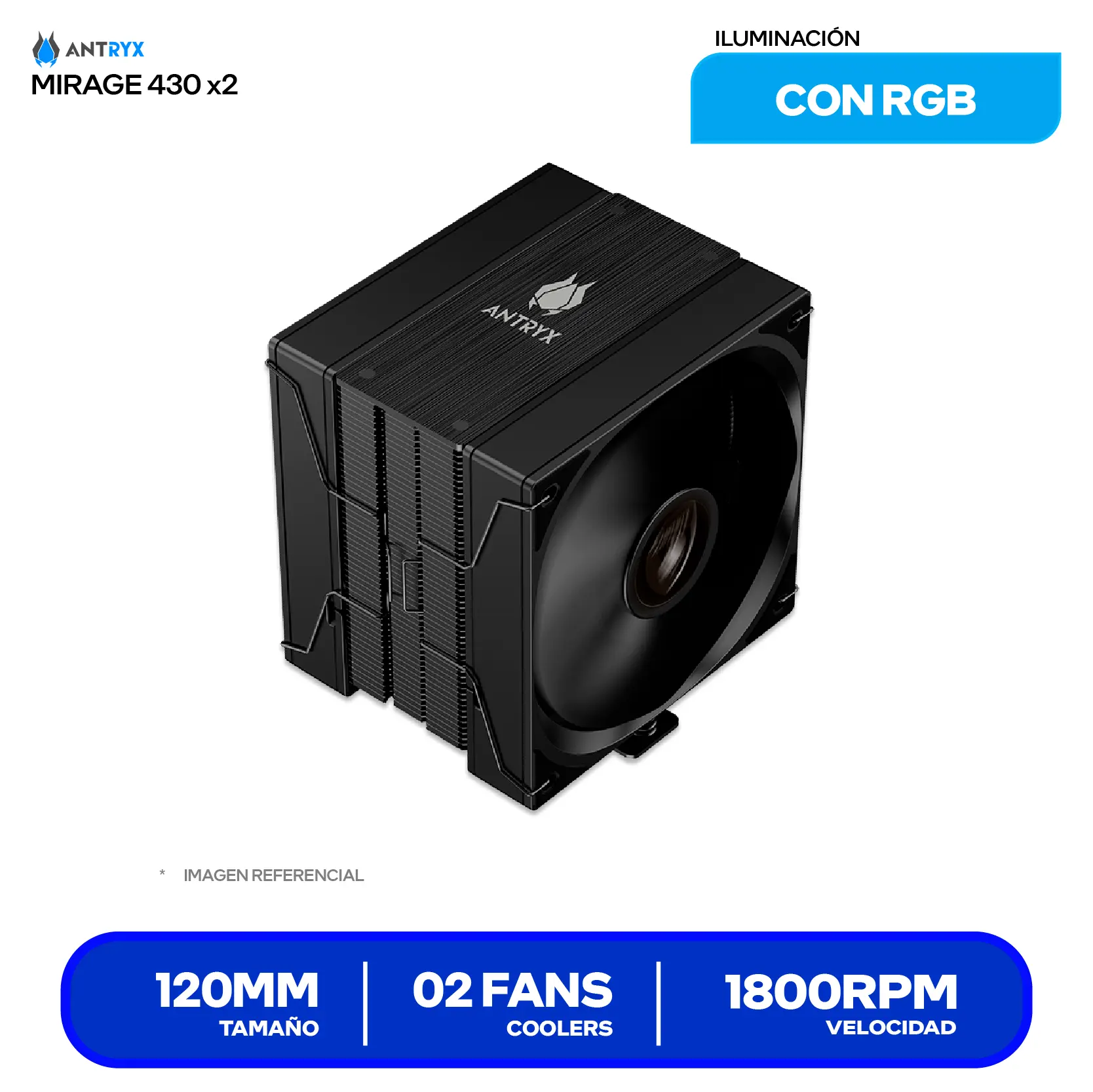 Cooler de procesador Antryx Mirage 430 X2 Black (ACC-430X2) 120mm, Intel / AMD, Doble Ventilador PWM