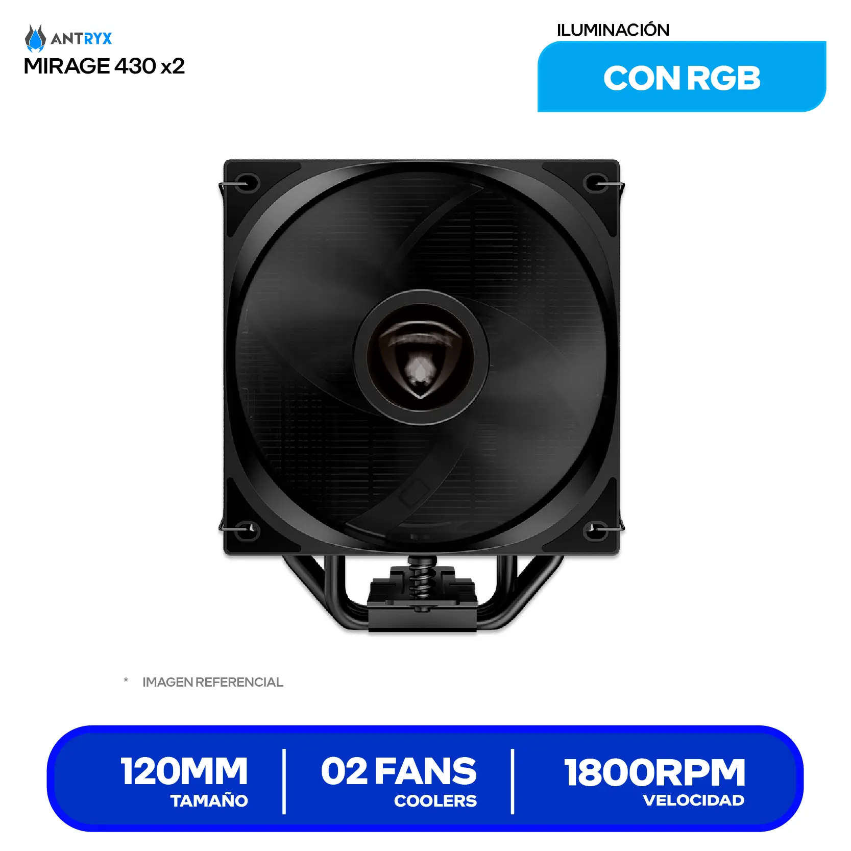 Cooler de procesador Antryx Mirage 430 X2 Black (ACC-430X2) 120mm, Intel / AMD, Doble Ventilador PWM
