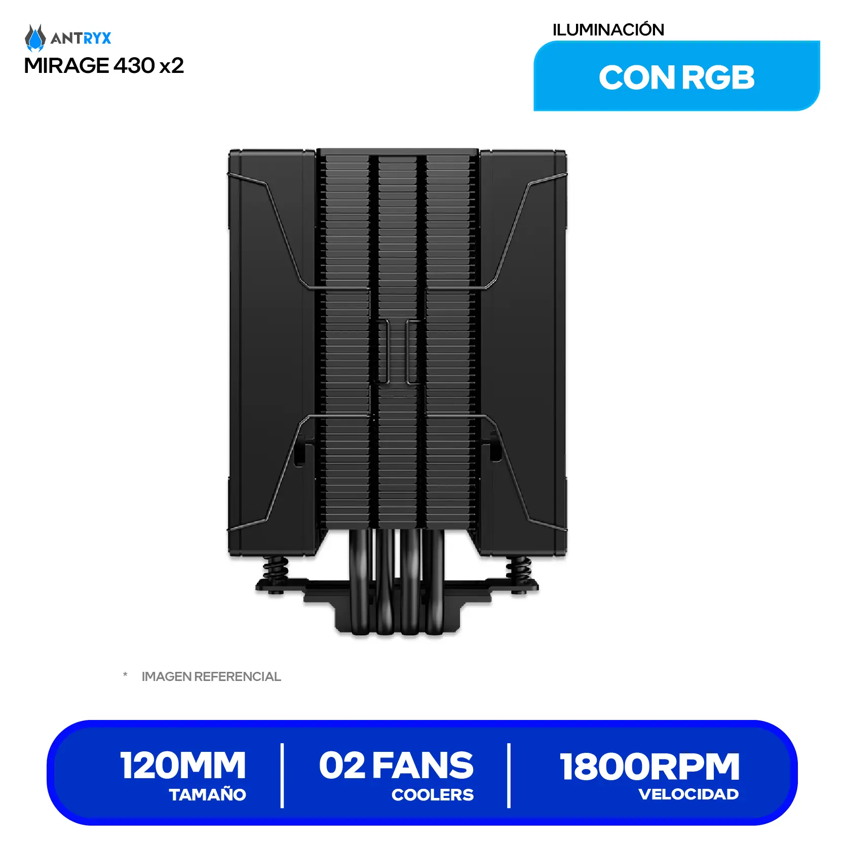 Cooler de procesador Antryx Mirage 430 X2 Black (ACC-430X2) 120mm, Intel / AMD, Doble Ventilador PWM