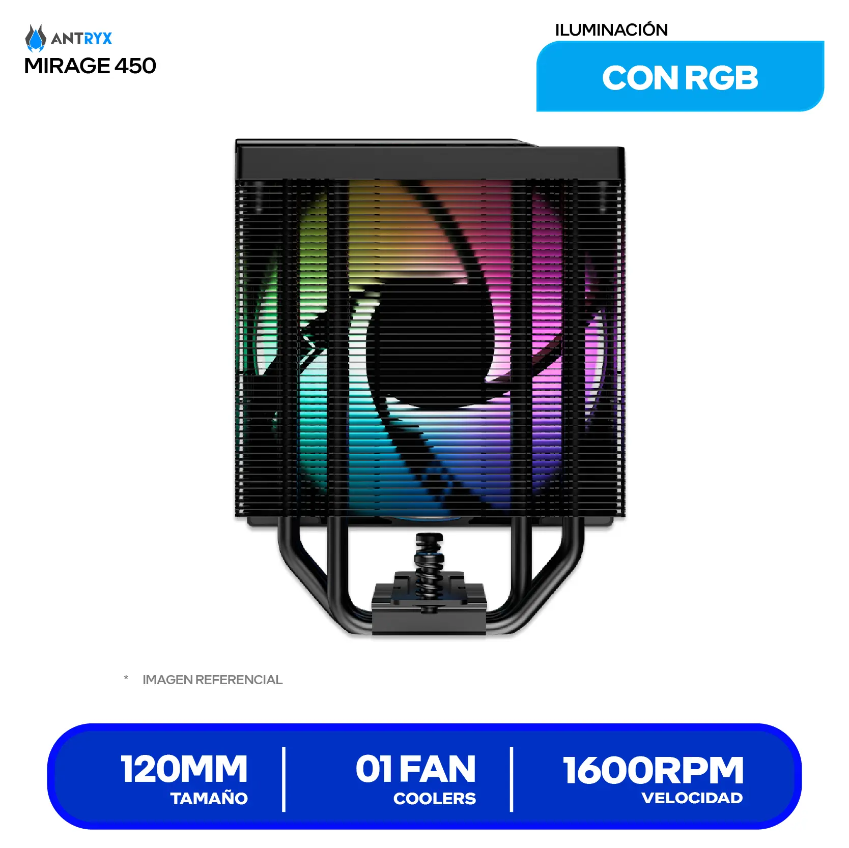 Cooler de procesador Antryx Mirage 450 Digital Black (ACC-450) 120mm, Intel / AMD, ARGB con Pantalla