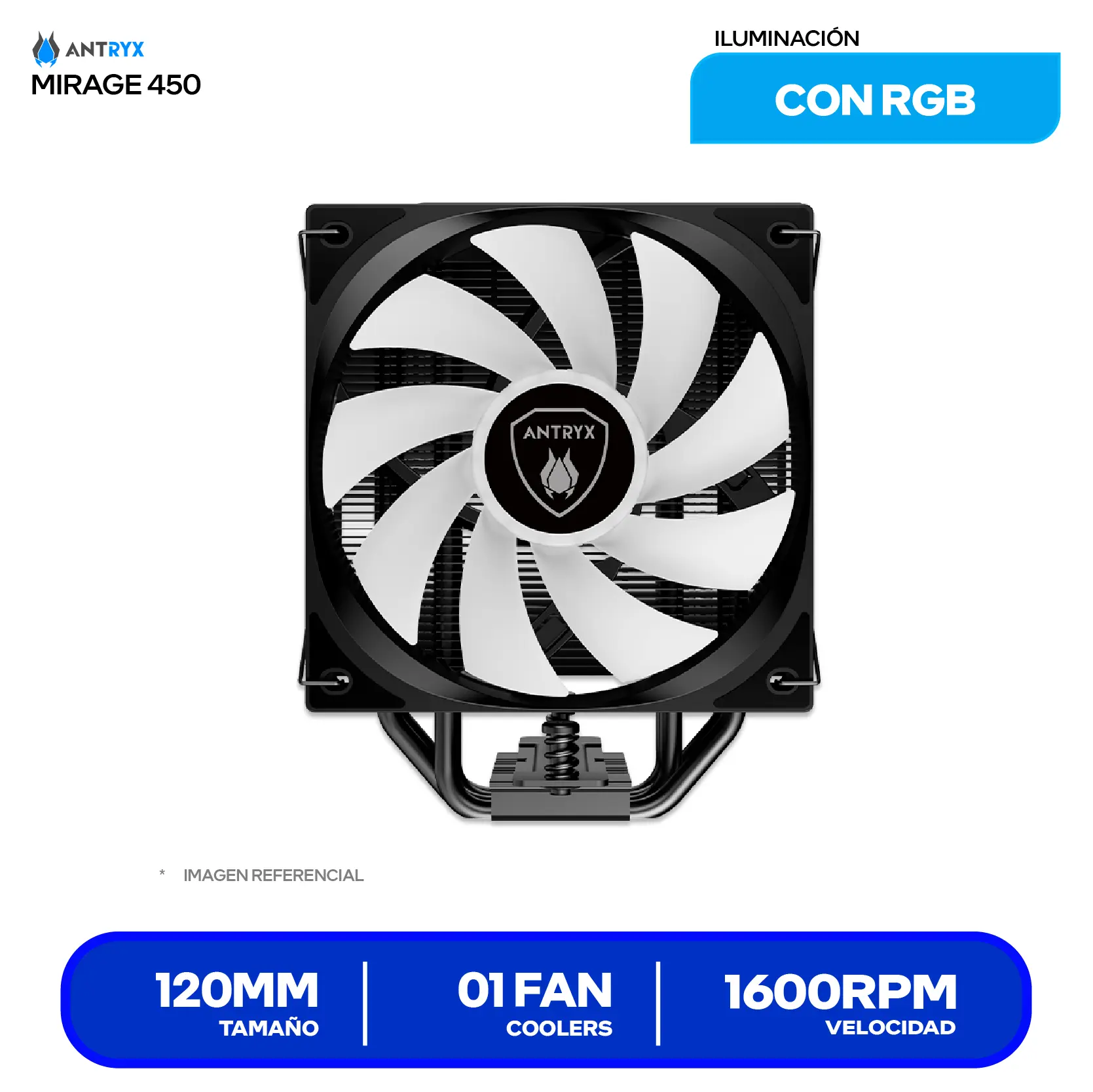 Cooler de procesador Antryx Mirage 450 Digital Black (ACC-450) 120mm, Intel / AMD, ARGB con Pantalla