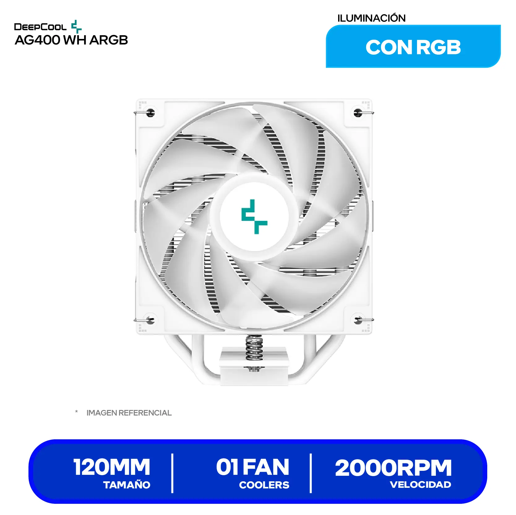 Cooler de procesador DeepCool AG400 WH ARGB (R-AG400-WHANMC-G-2) 120mm, Intel / AMD, ARGB
