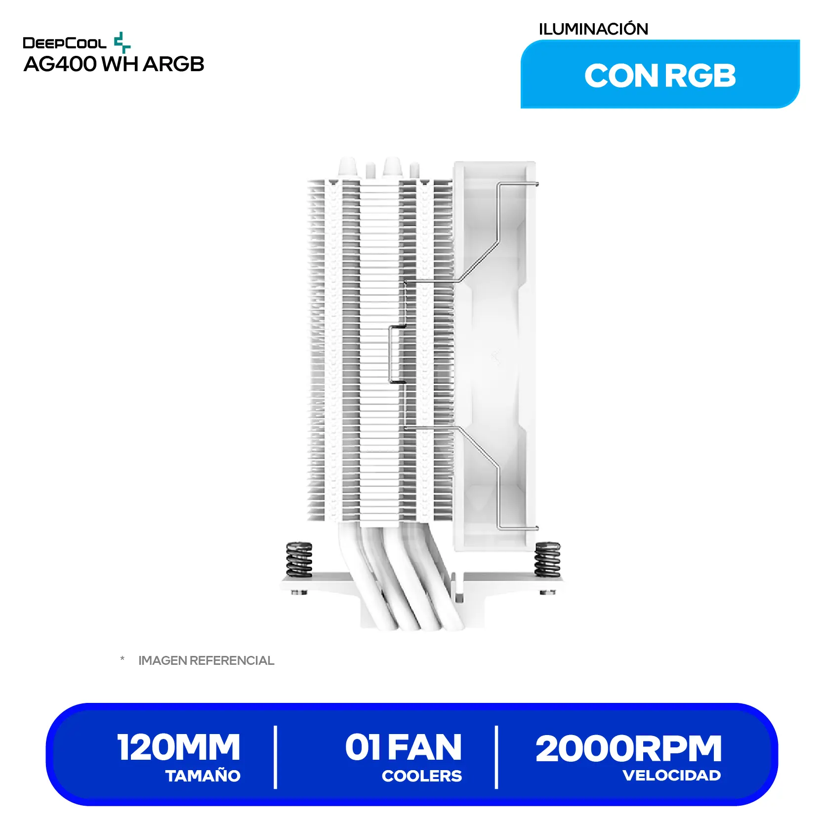Cooler de procesador DeepCool AG400 WH ARGB (R-AG400-WHANMC-G-2) 120mm, Intel / AMD, ARGB
