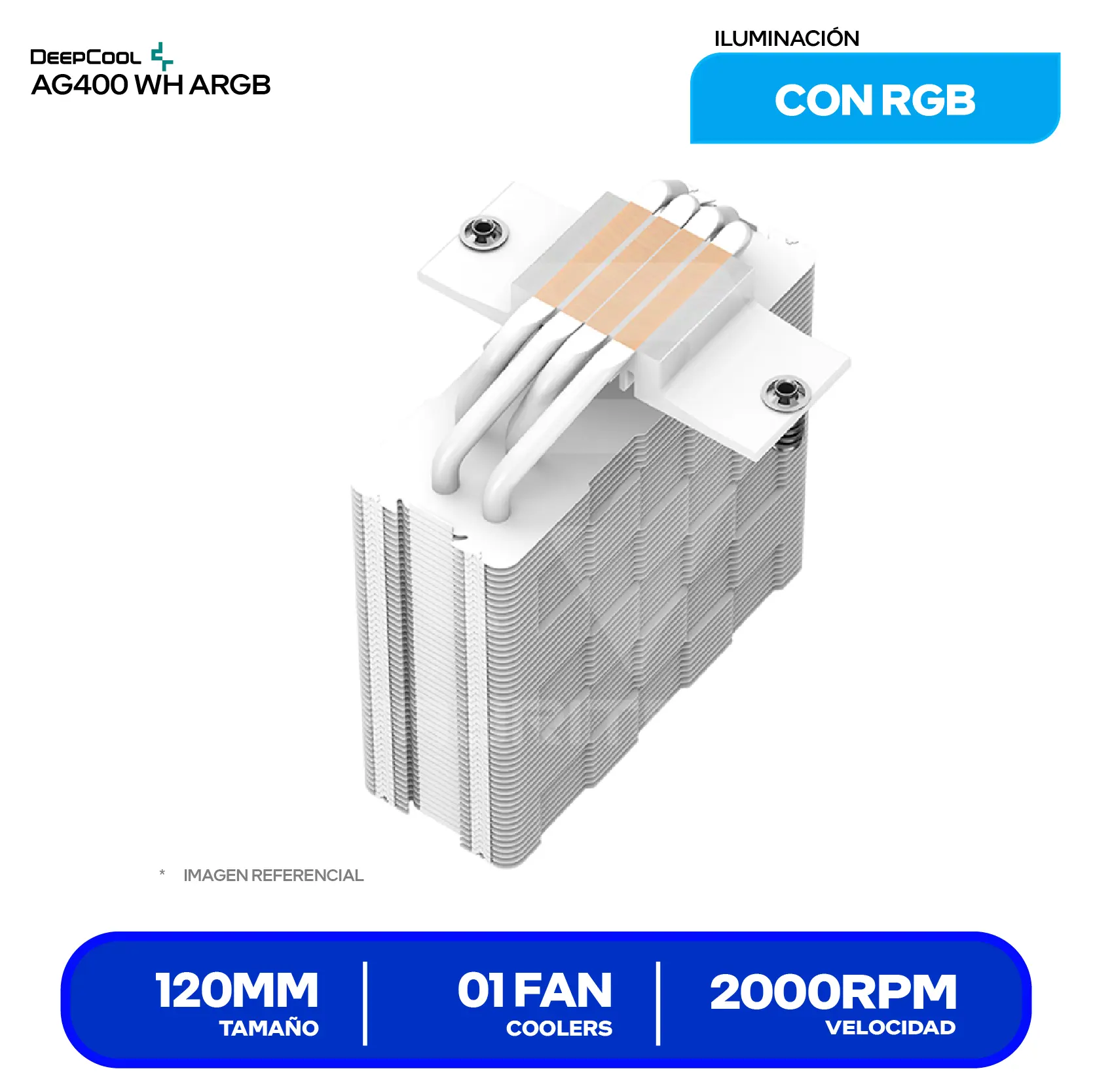 Cooler de procesador DeepCool AG400 WH ARGB (R-AG400-WHANMC-G-2) 120mm, Intel / AMD, ARGB