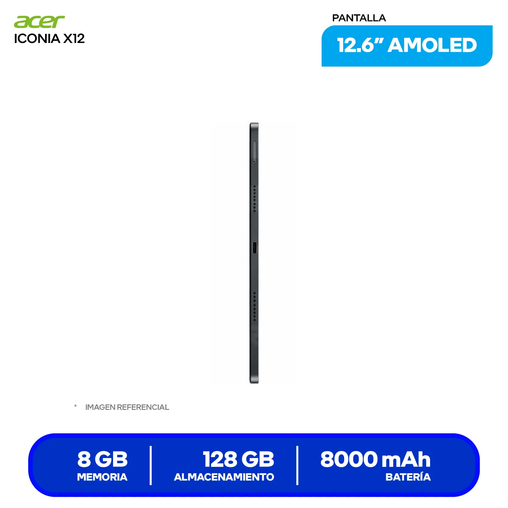 Tablet Acer Iconia Tab X12 (NT.LHUAL.002) 8GB RAM, 128GB, 12.6'' WQXGA OLED, Con Lápiz y Teclado