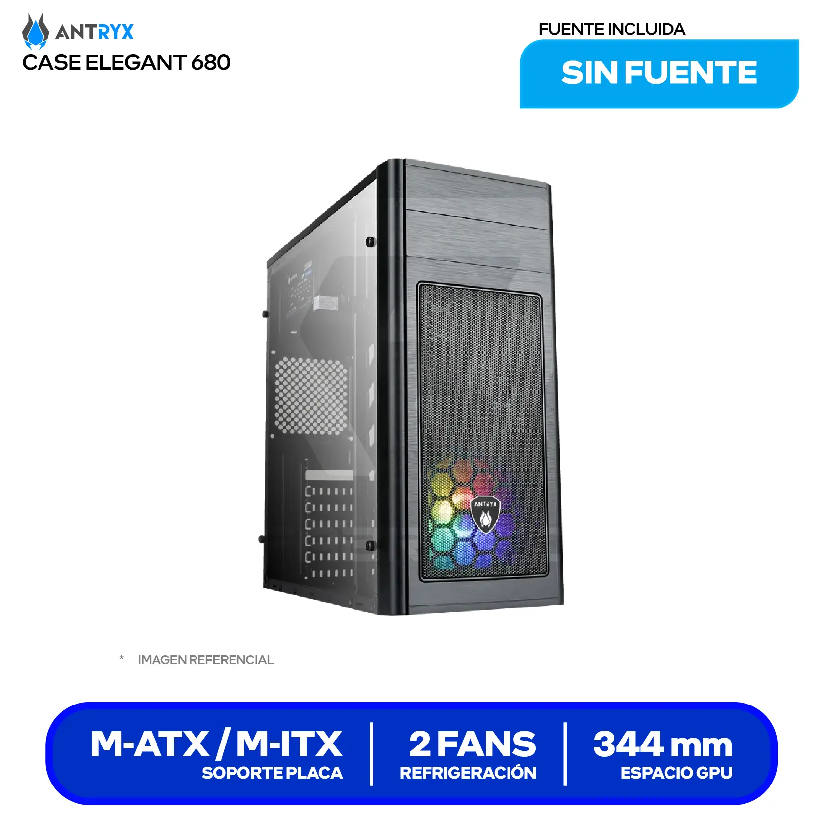 Case Antryx Elegant 680 (AC-E680P-350CP) Con fuente de 350W, 1 fan RGB