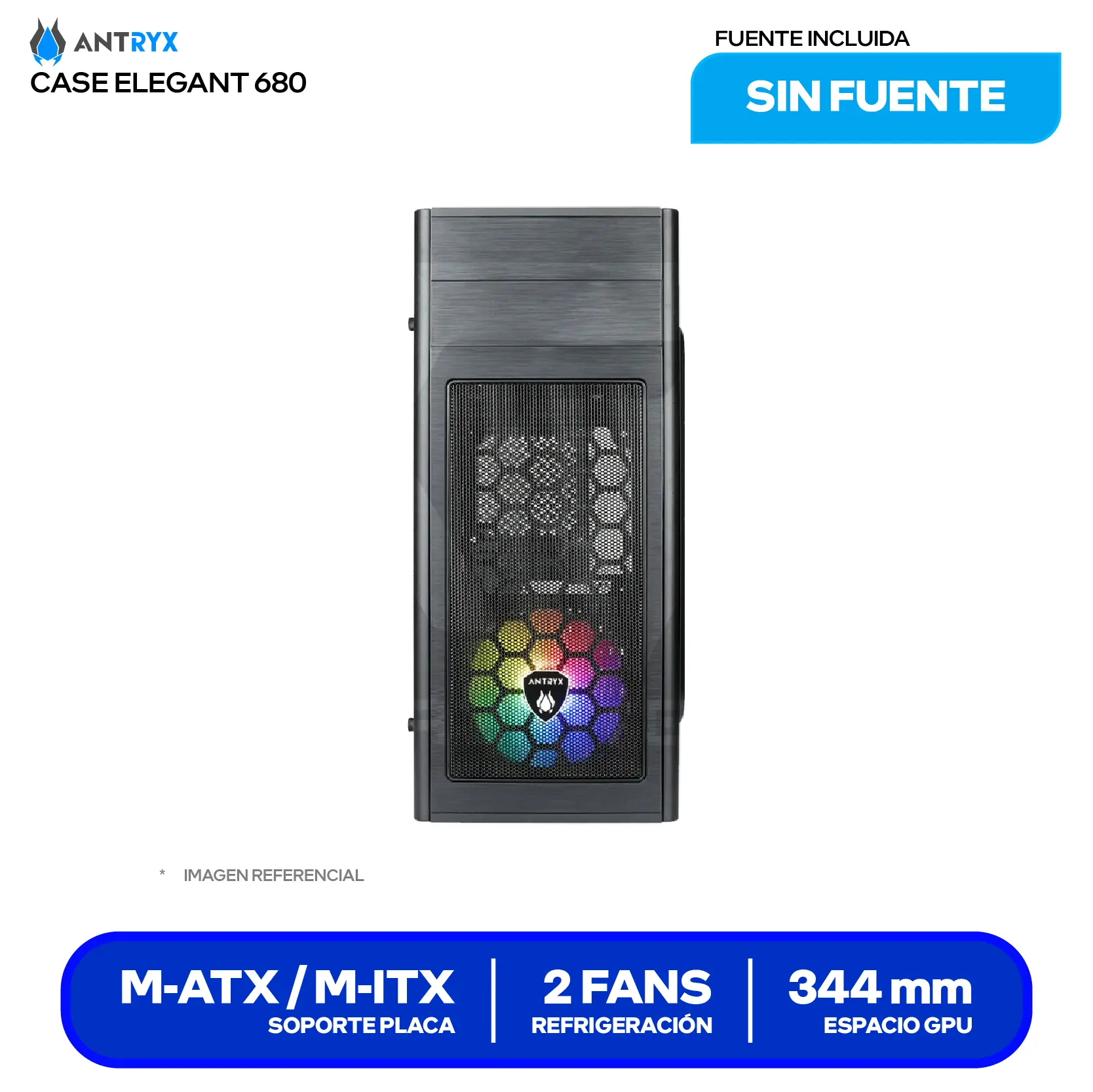 Case Antryx Elegant 680 (AC-E680P-350CP) Con fuente de 350W, 1 fan RGB