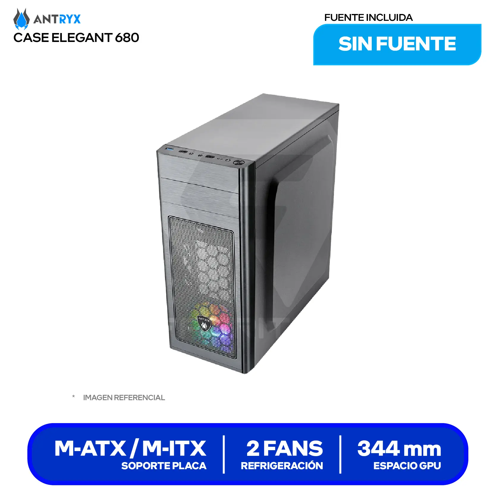 Case Antryx Elegant 680 (AC-E680P-350CP) Con fuente de 350W, 1 fan RGB
