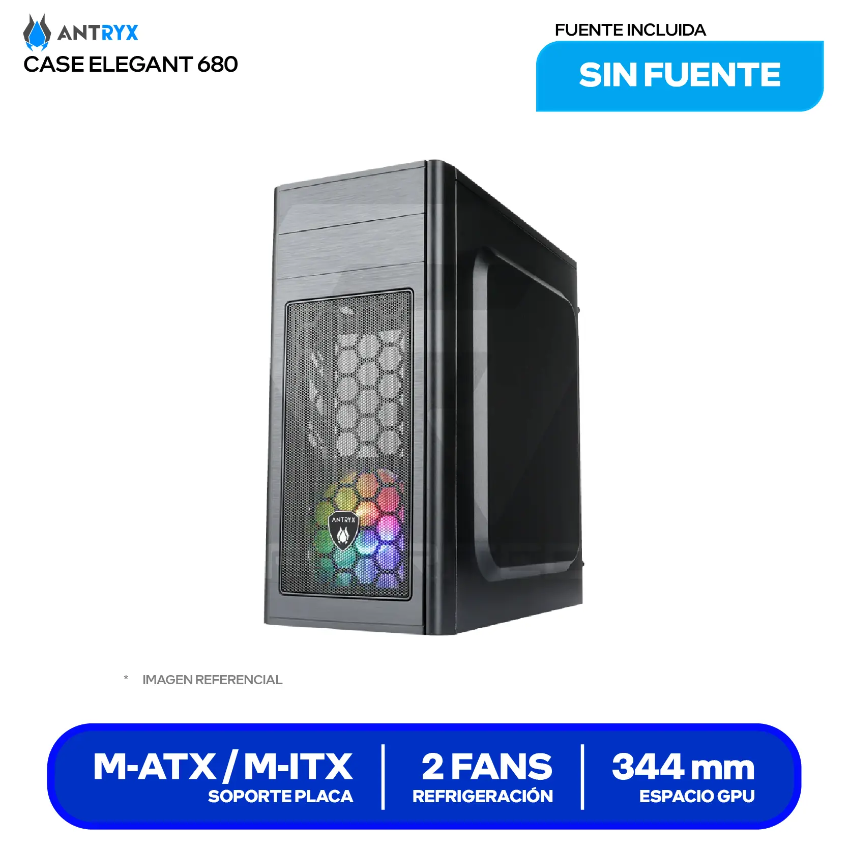 Case Antryx Elegant 680 (AC-E680P-350CP) Con fuente de 350W, 1 fan RGB