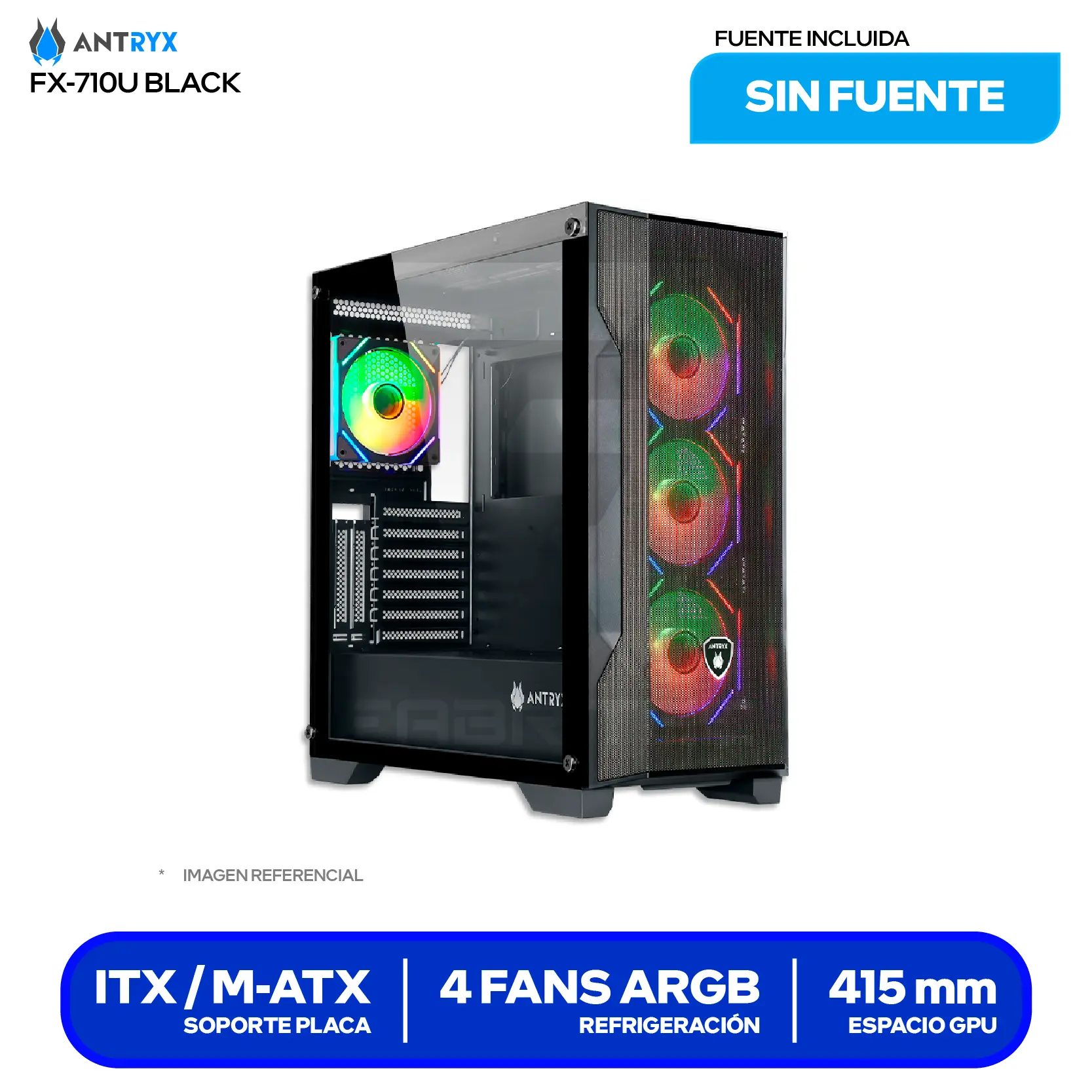 Case Antryx FX 710U Black (AC-FX710UK) Sin fuente, Vidrio templado, 4 fans ARGB