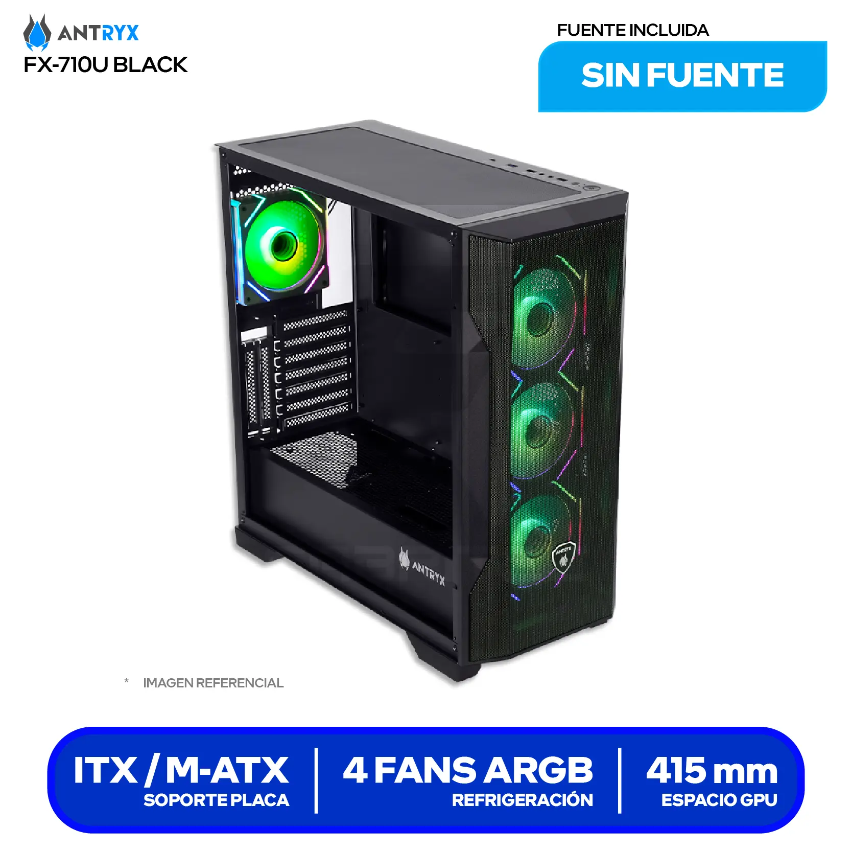 Case Antryx FX 710U Black (AC-FX710UK) Sin fuente, Vidrio templado, 4 fans ARGB