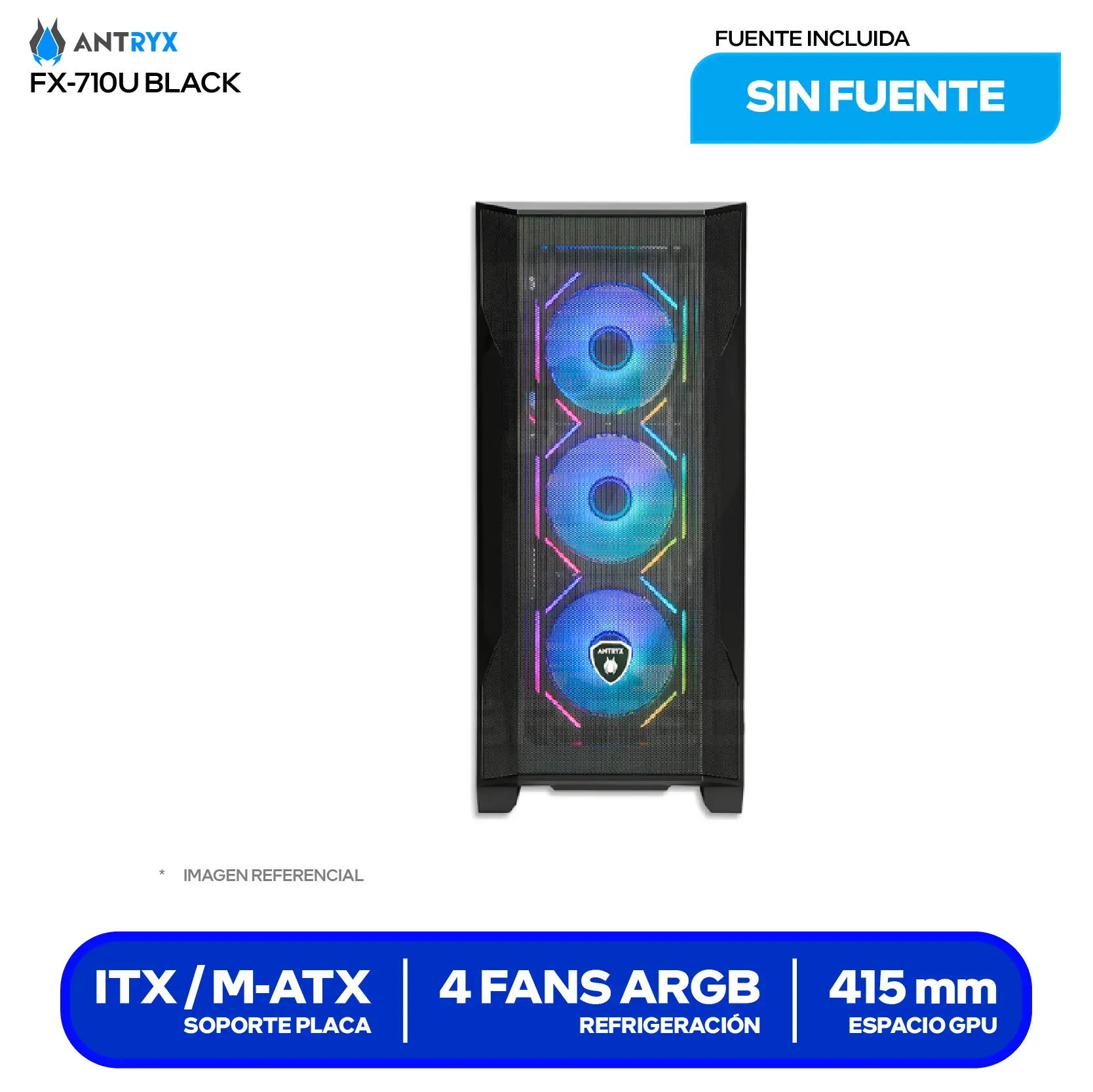 Case Antryx FX 710U Black (AC-FX710UK) Sin fuente, Vidrio templado, 4 fans ARGB