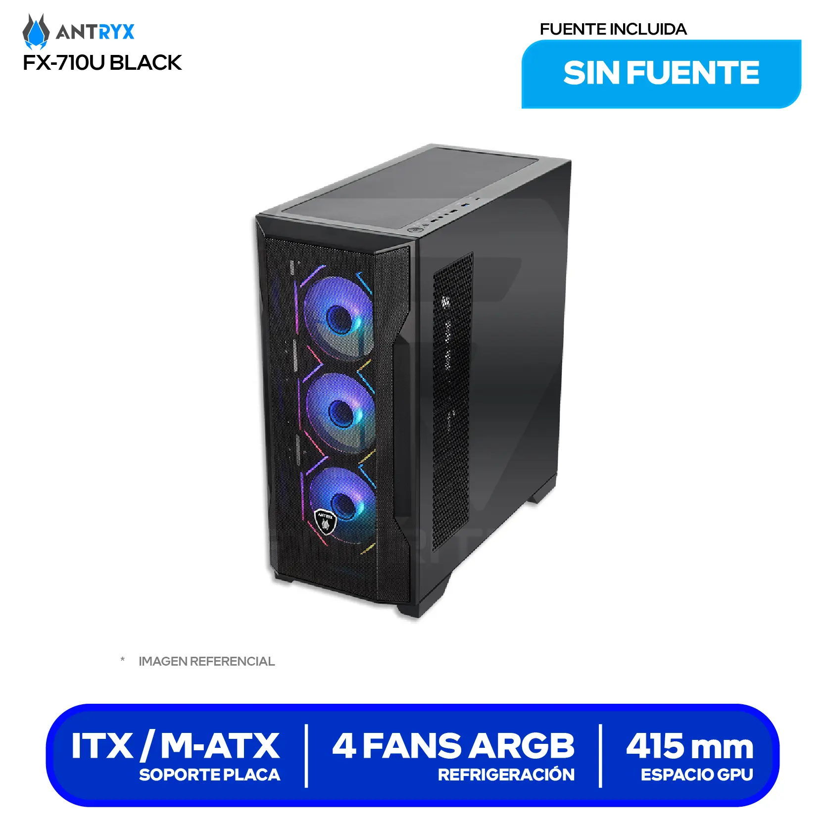 Case Antryx FX 710U Black (AC-FX710UK) Sin fuente, Vidrio templado, 4 fans ARGB