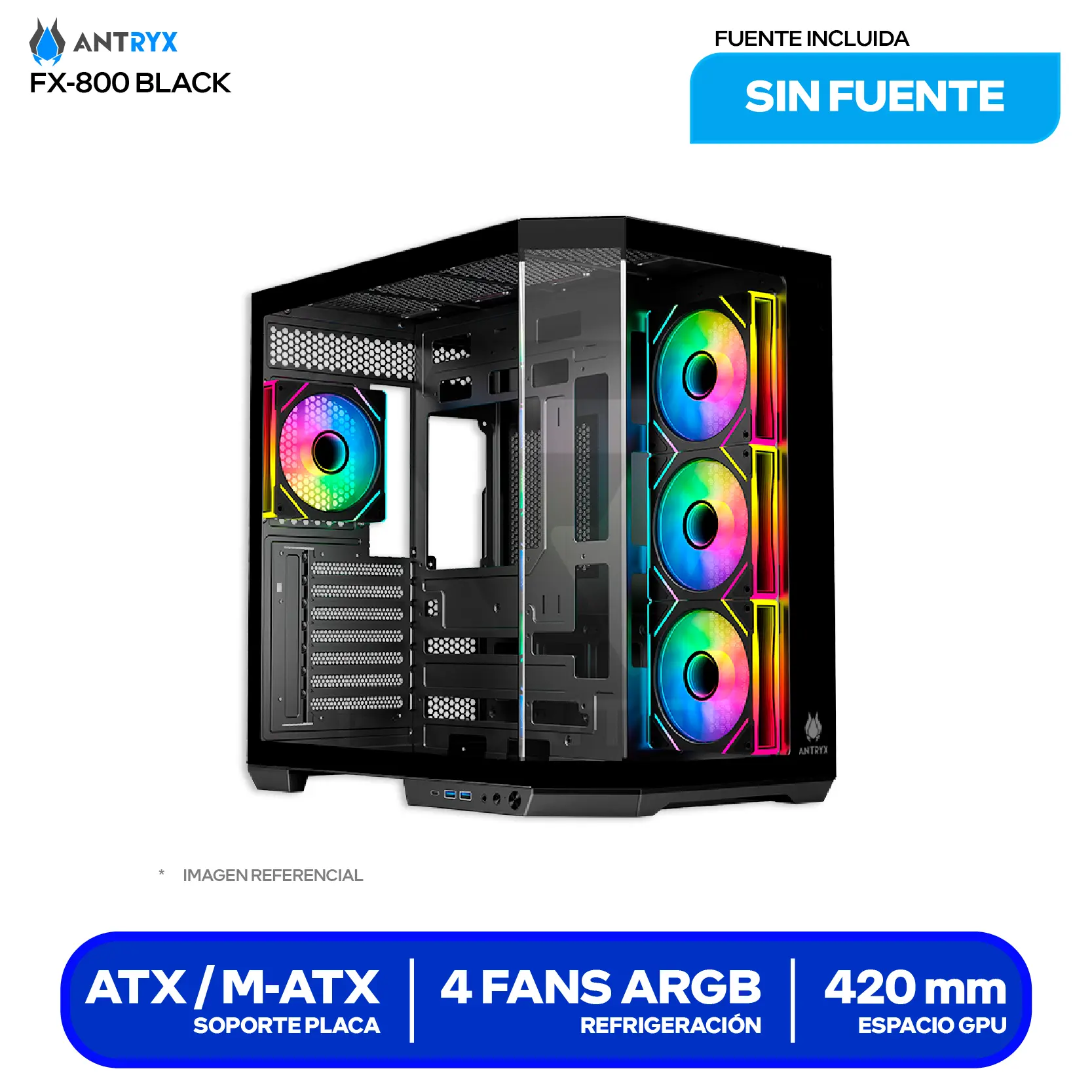 Case Antryx FX 800 Infinity Black (AC-FX800K) Sin fuente, Vidrio templado, 4 fans ARGB