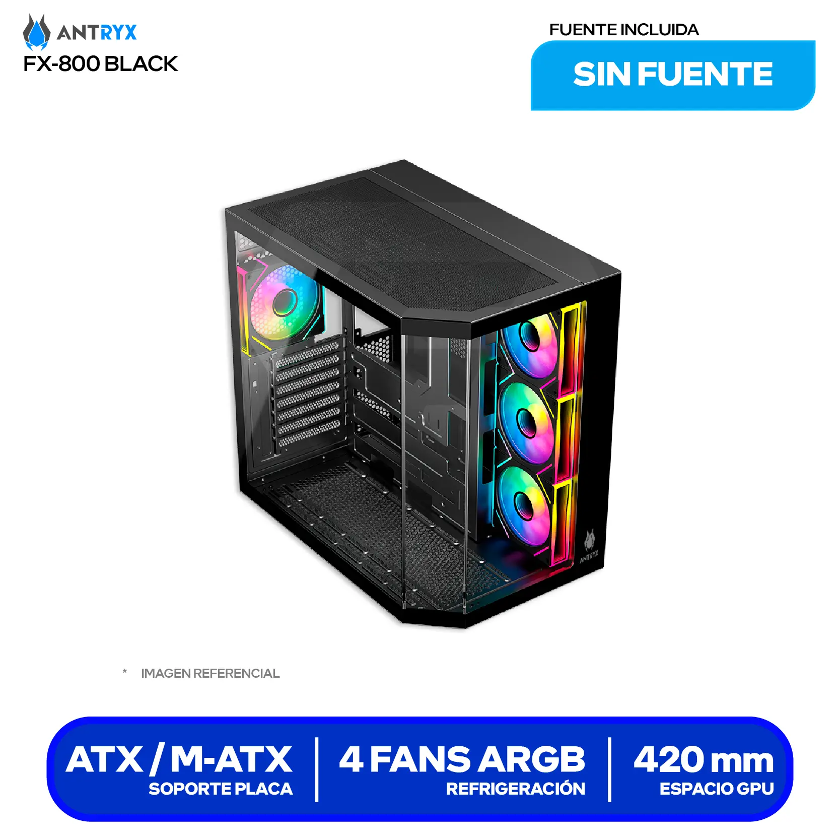 Case Antryx FX 800 Infinity Black (AC-FX800K) Sin fuente, Vidrio templado, 4 fans ARGB