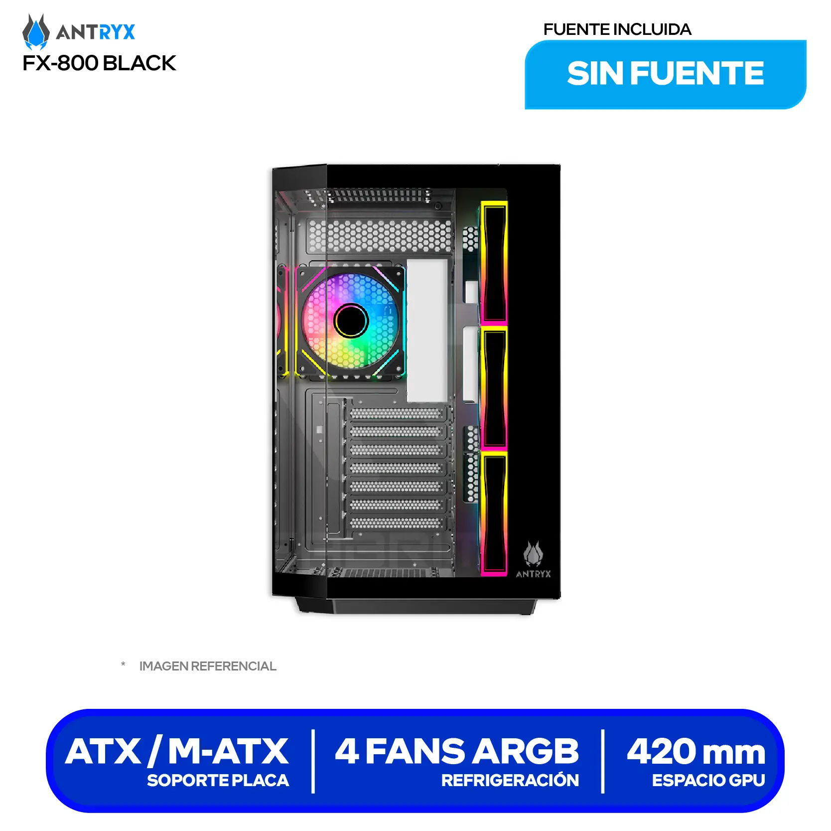 Case Antryx FX 800 Infinity Black (AC-FX800K) Sin fuente, Vidrio templado, 4 fans ARGB