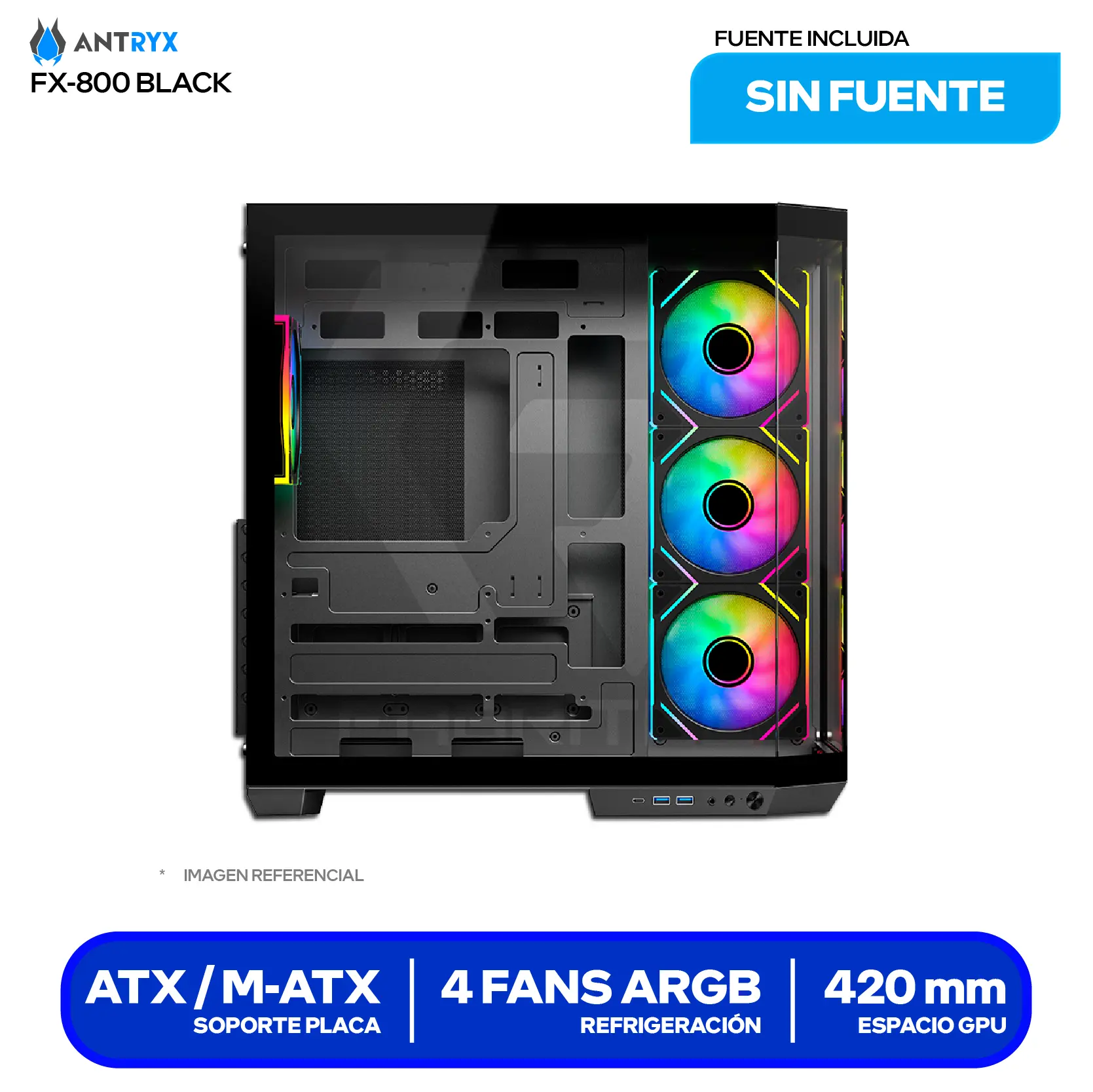 Case Antryx FX 800 Infinity Black (AC-FX800K) Sin fuente, Vidrio templado, 4 fans ARGB