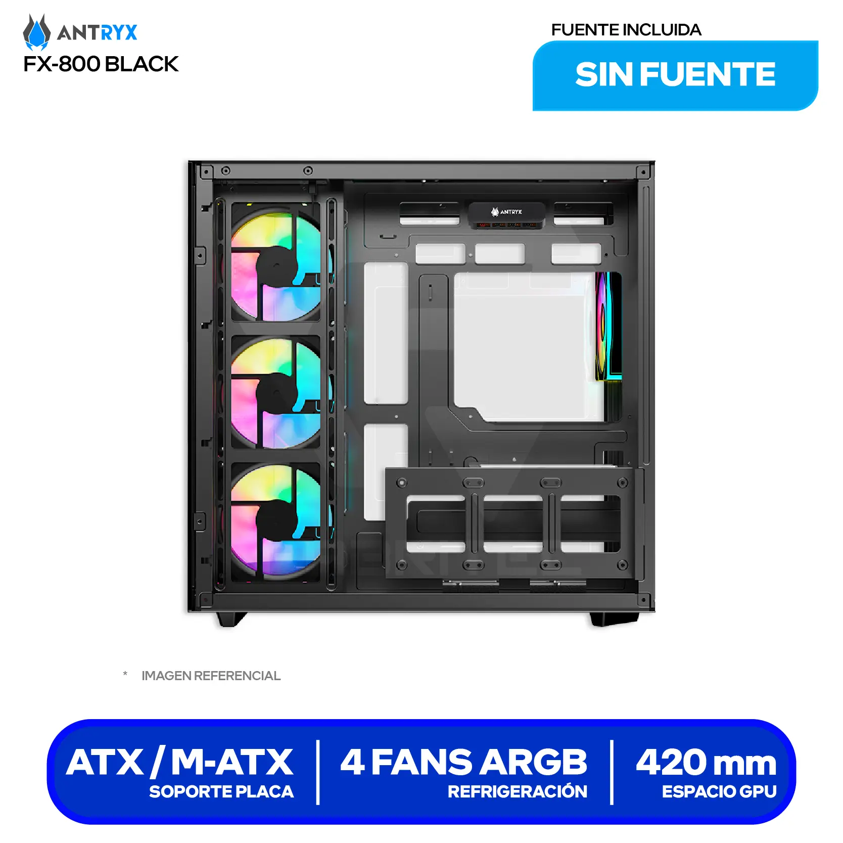 Case Antryx FX 800 Infinity Black (AC-FX800K) Sin fuente, Vidrio templado, 4 fans ARGB