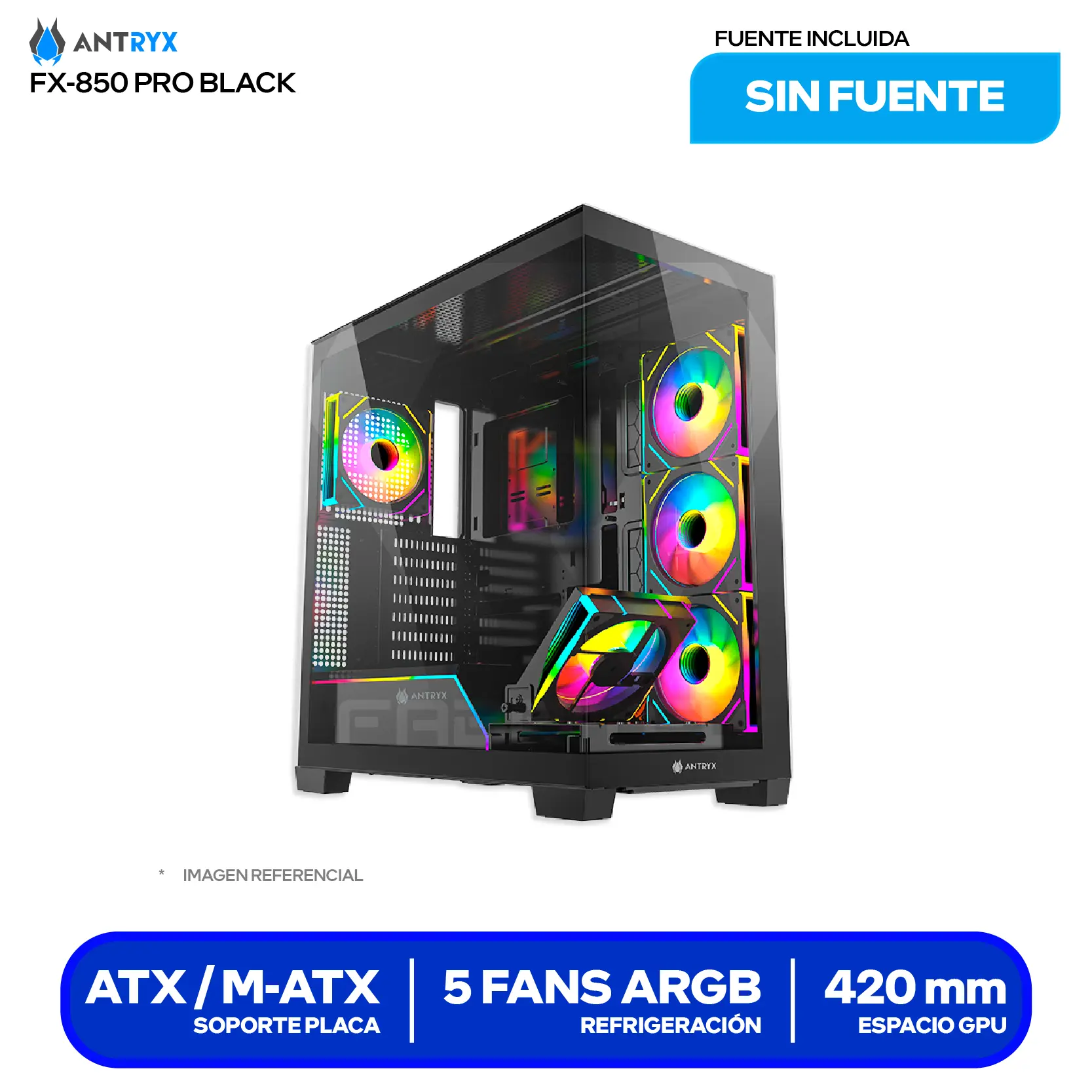 Case Antryx FX 850 Pro Black (AC-FX850KP) Sin fuente, Vidrio templado, 5 fans ARGB