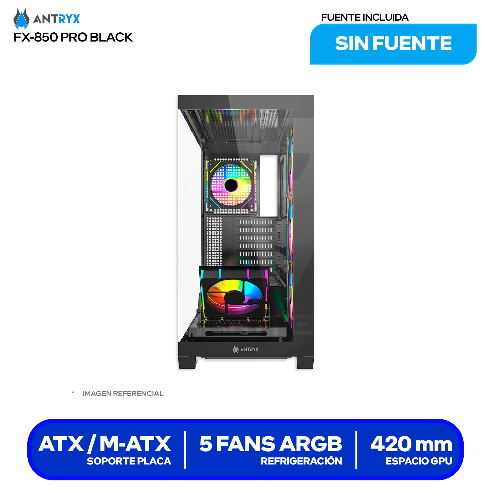 Case Antryx FX 850 Pro Black (AC-FX850KP) Sin fuente, Vidrio templado, 5 fans ARGB