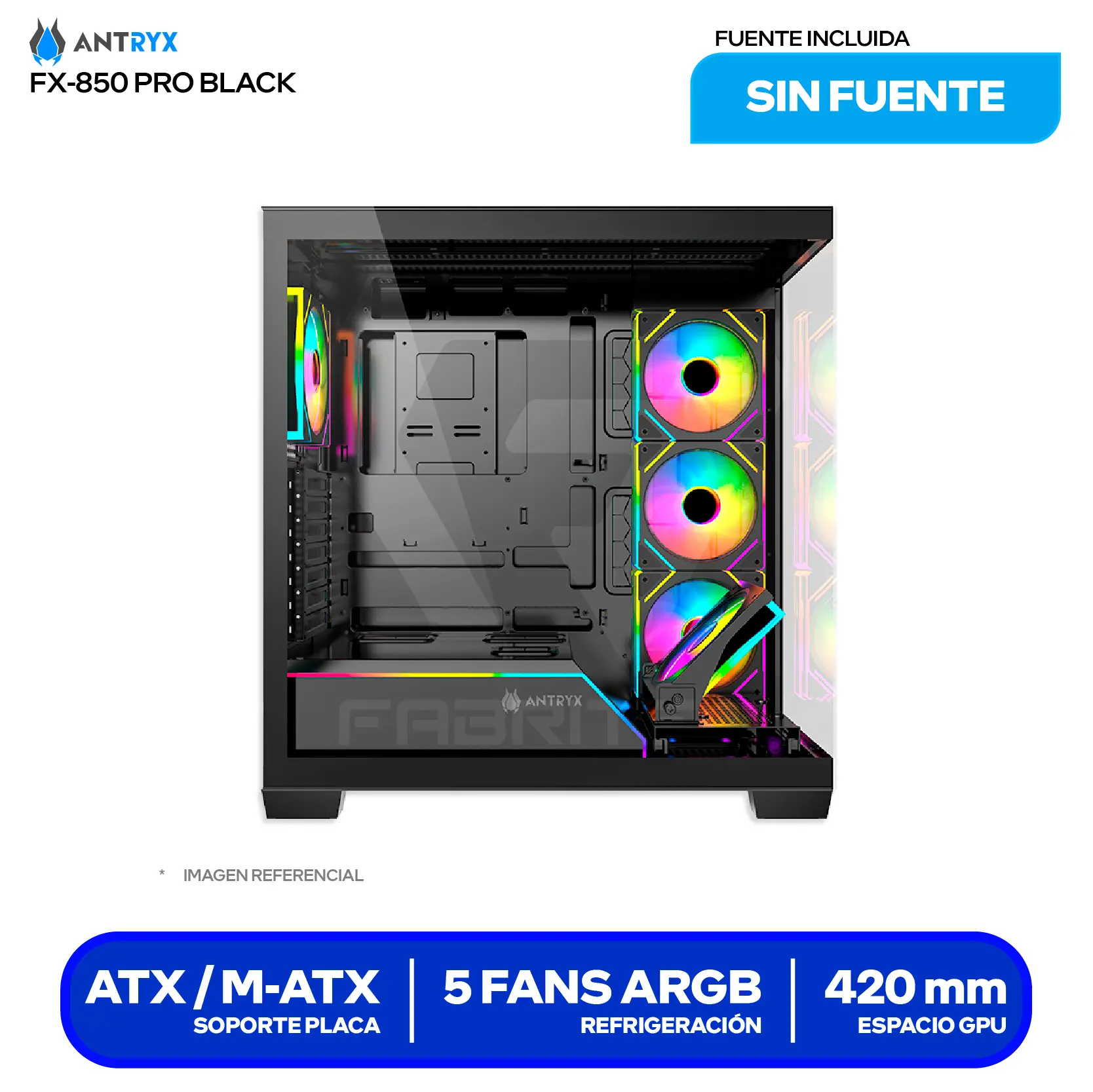 Case Antryx FX 850 Pro Black (AC-FX850KP) Sin fuente, Vidrio templado, 5 fans ARGB
