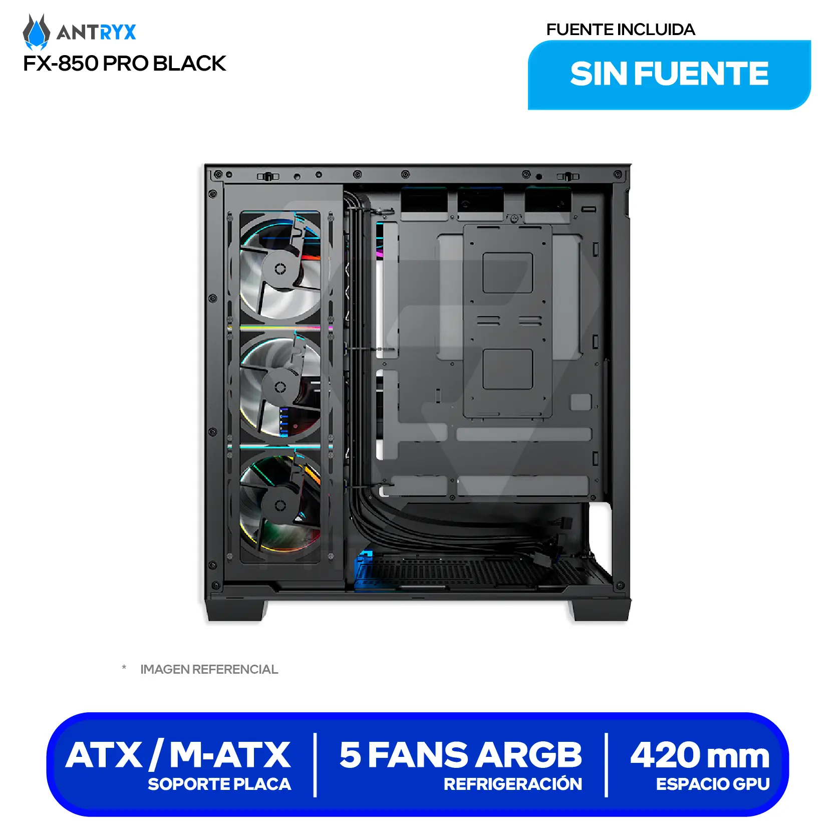 Case Antryx FX 850 Pro Black (AC-FX850KP) Sin fuente, Vidrio templado, 5 fans ARGB