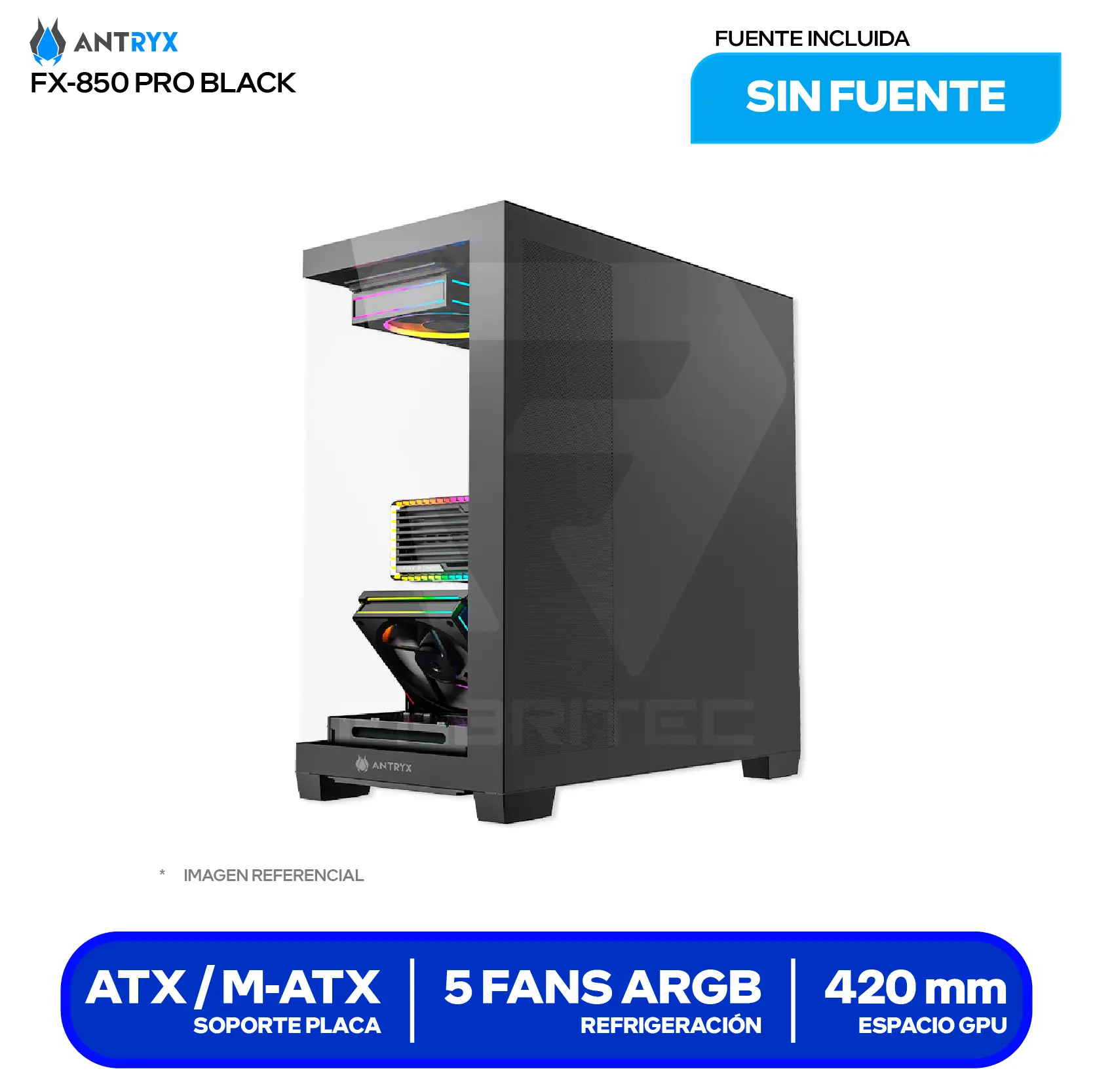 Case Antryx FX 850 Pro Black (AC-FX850KP) Sin fuente, Vidrio templado, 5 fans ARGB
