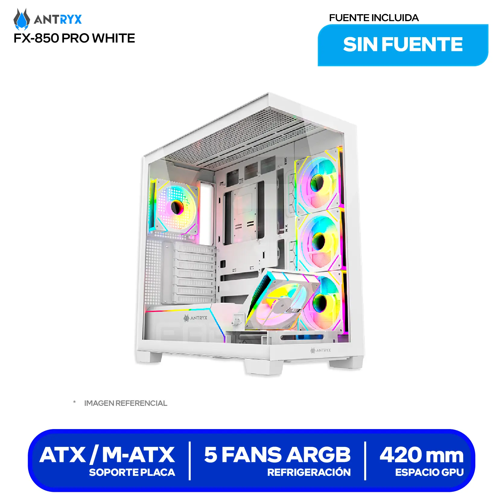 Case Antryx FX 850 Pro White (AC-FX850WP) Sin fuente, Vidrio templado, 5 fans ARGB