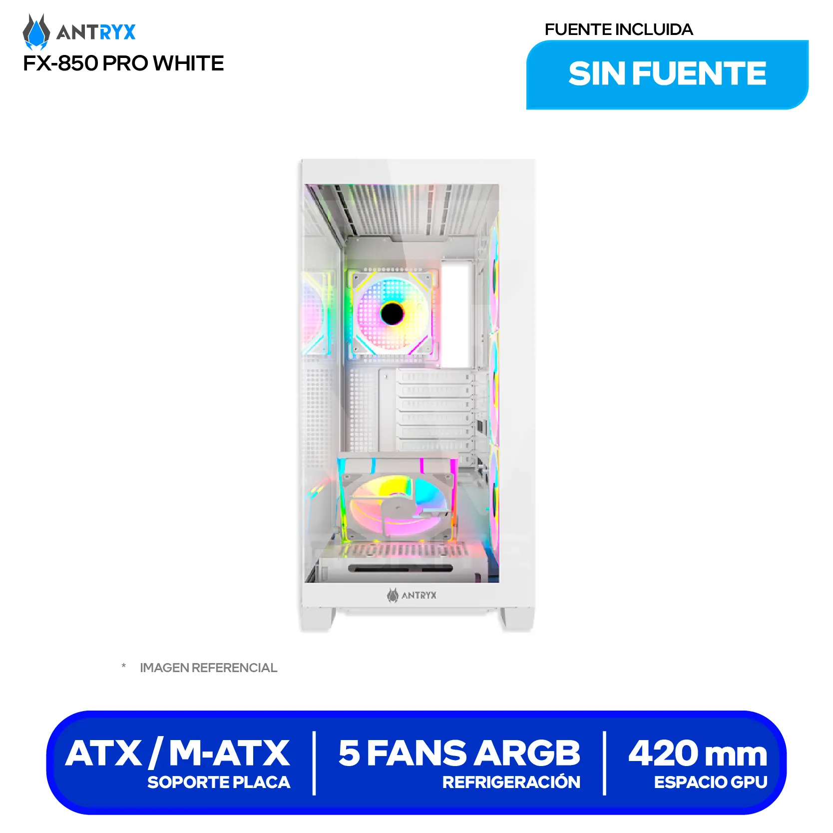 Case Antryx FX 850 Pro White (AC-FX850WP) Sin fuente, Vidrio templado, 5 fans ARGB