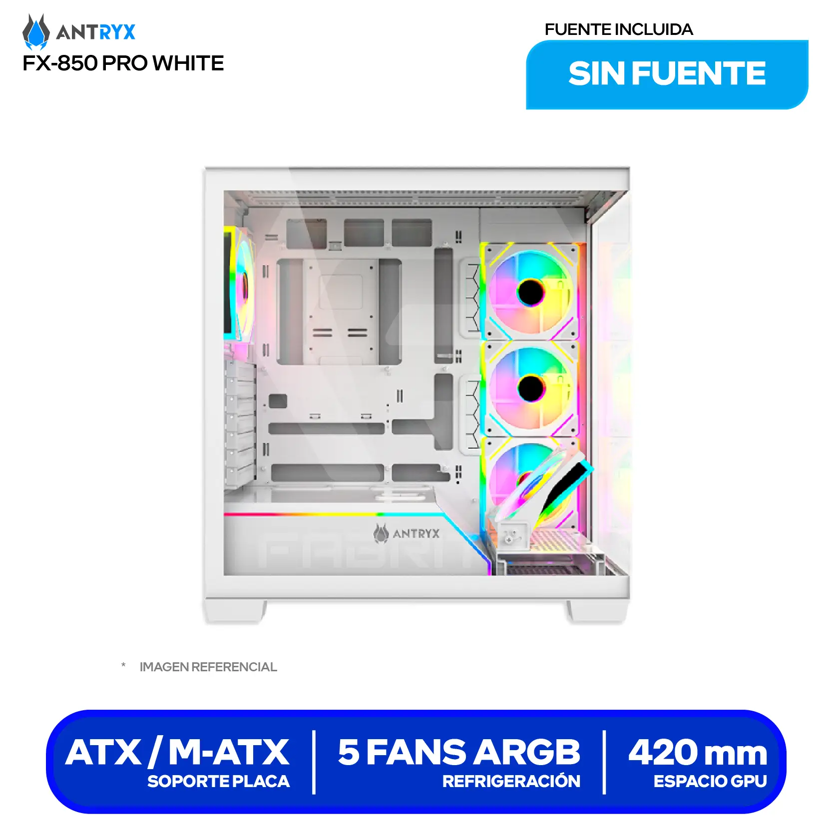 Case Antryx FX 850 Pro White (AC-FX850WP) Sin fuente, Vidrio templado, 5 fans ARGB