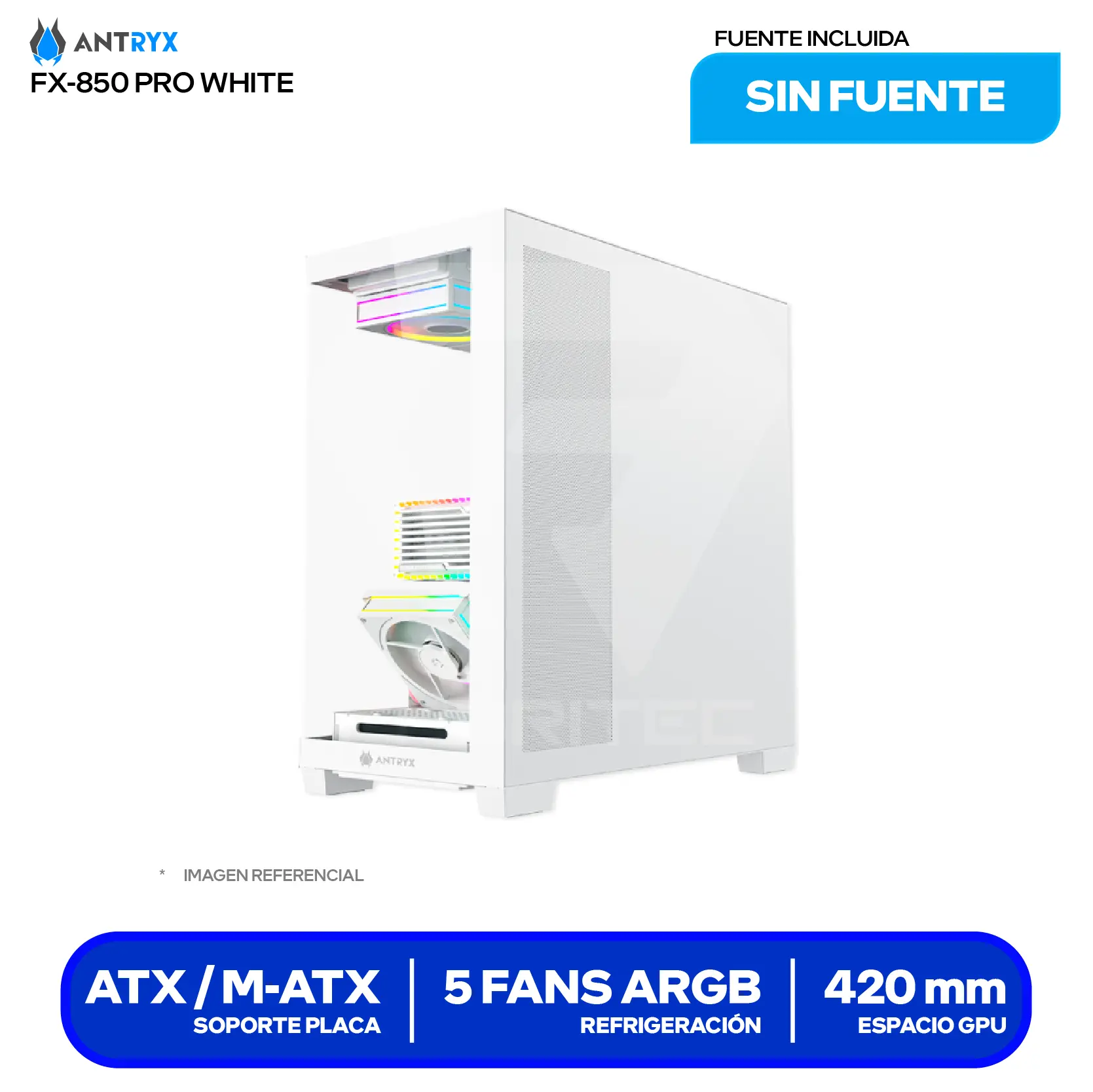Case Antryx FX 850 Pro White (AC-FX850WP) Sin fuente, Vidrio templado, 5 fans ARGB